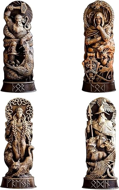 genmaiwodeshisb Norse God Resin Statue Scandinavian Pantheons, Norse Gods Figurine Craft Viking Mythology, Home Wine Cabinet Shelt Bookcase Sculpture Orament (4pcs)