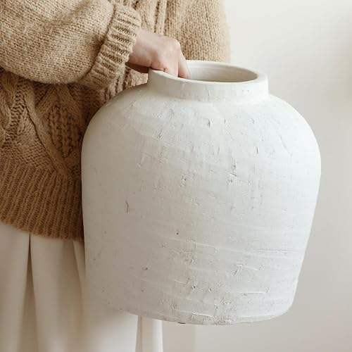 Large Ceramic Vase, Rustic Farmhouse Terracotta Flower Vase for Home Decor | 11" Artisan Vintage Pottery Decorative Flower Vases for Living Room, Table Centerpiece, Kitchen Decoration (Rustic White)