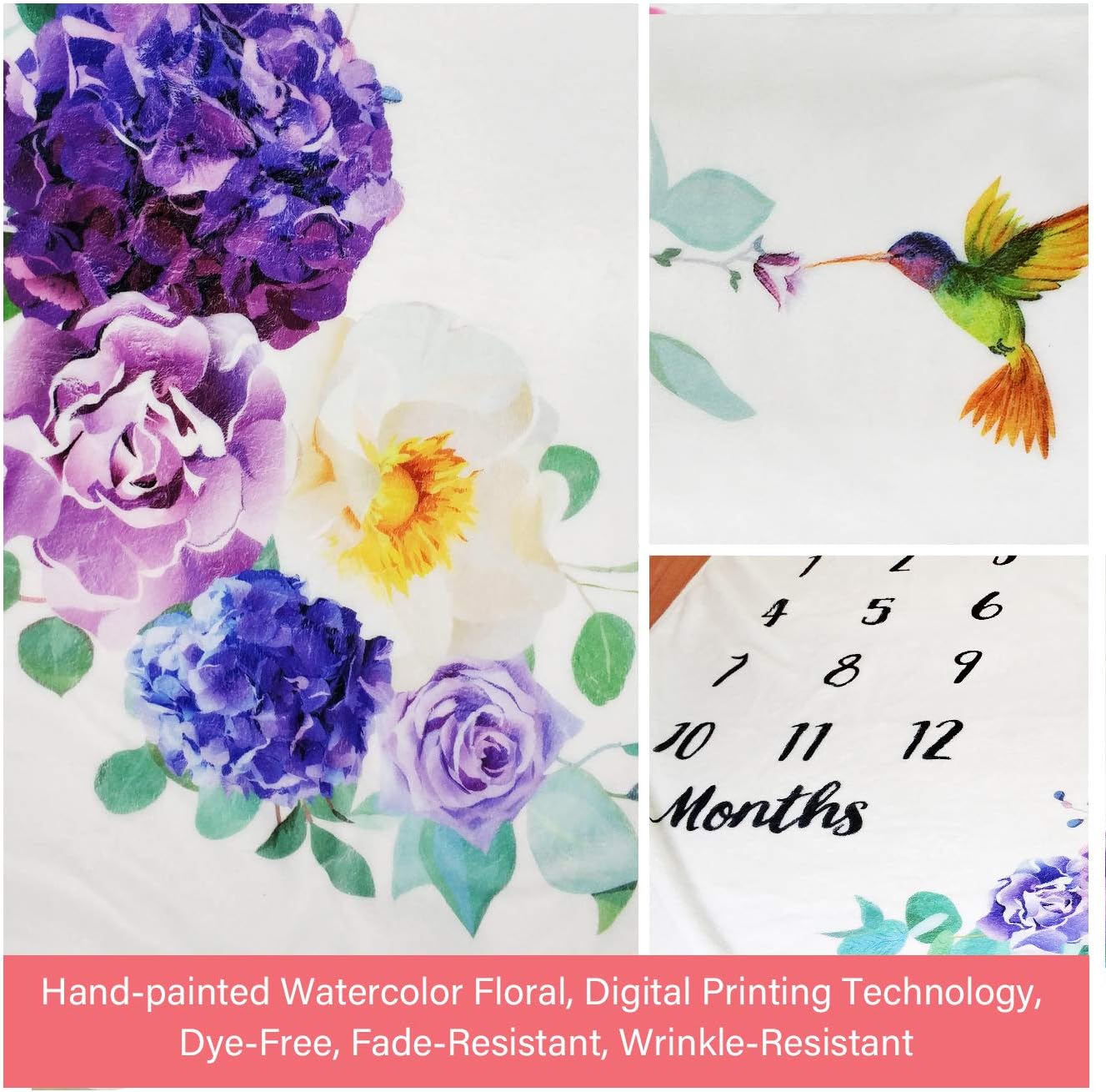 Baby Monthly Milestone Blanket Girl - Floral Newborn Month Blanket Personalized Shower Gift Soft Plush Fleece Photography Background Photo Prop Flower Rugs with Wreath Headband Large 51''x40'' - Image 5