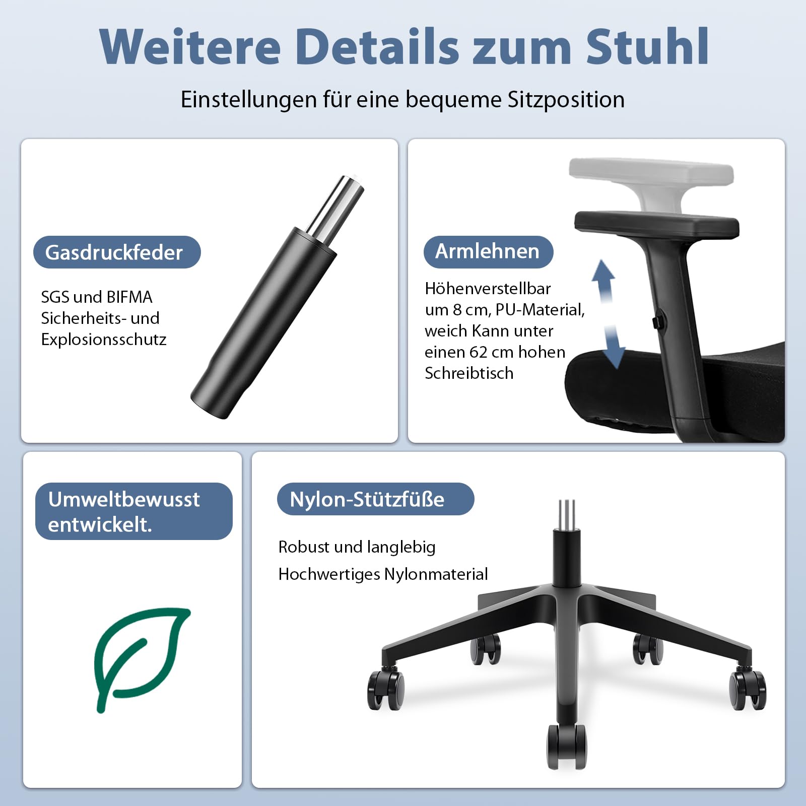 Durrafy Ergonomischer Bürostuhl, Bürostuhl 150 kg belastbar mit Verstellbarer Lordosenstütze und Kopfstütze, Netzstuhl Schreibtischstuhl mit 90°-130° Liegefunktion, Drehstuhl für Home Office, Schwarz