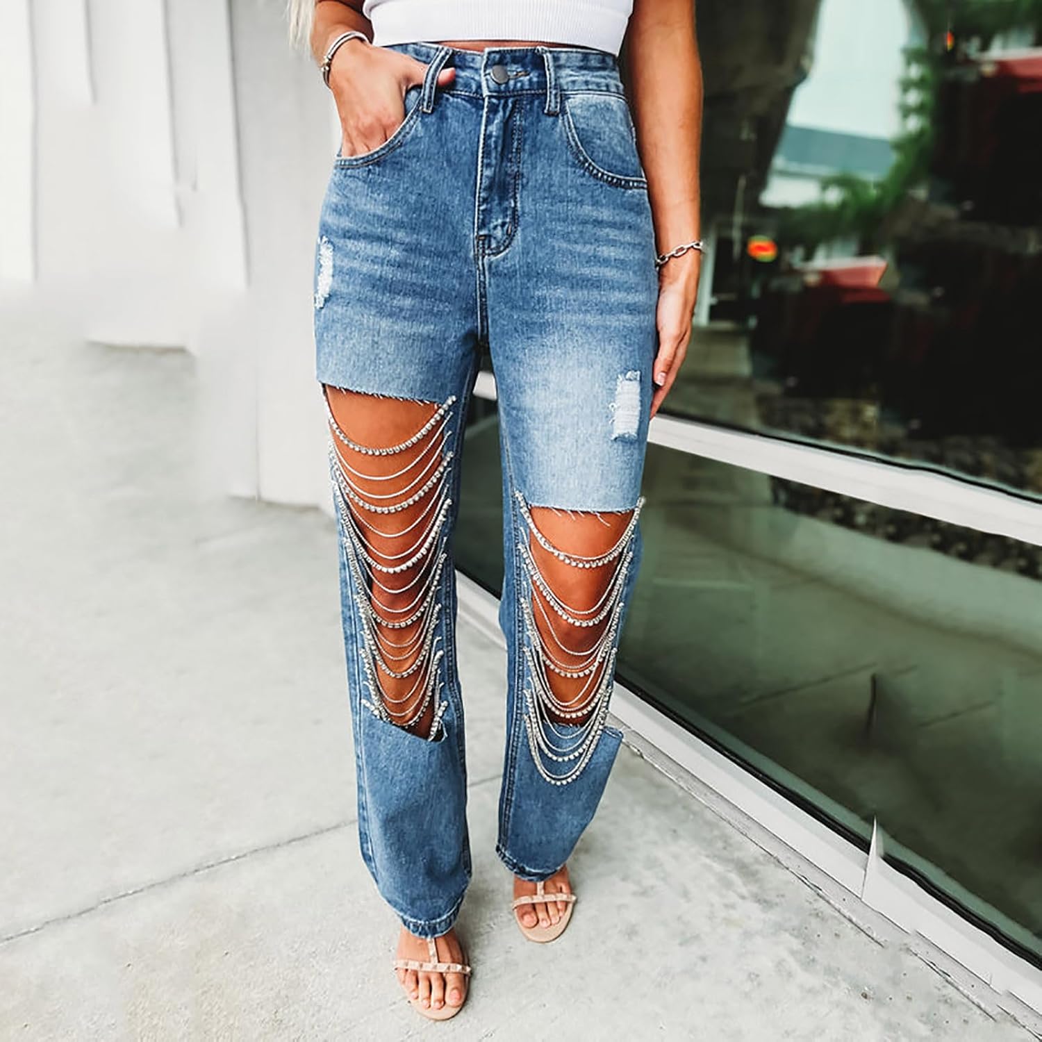 Womens Ripped Rhinestone Jeans Trendy High Waisted Stretchy Distressed Denim Pants Baggy Casual Vintage Y2k Trousers