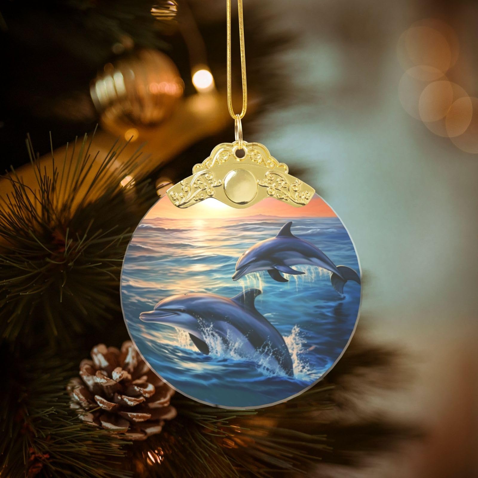 Crystal Christmas Ornaments for Christmas Tree Decoration Hanging Dolphins in The sea Ornament with Gold Ribbon Crafts Round Pendant for Keepsake Gifts Glass Xmas Decor Party Supplies