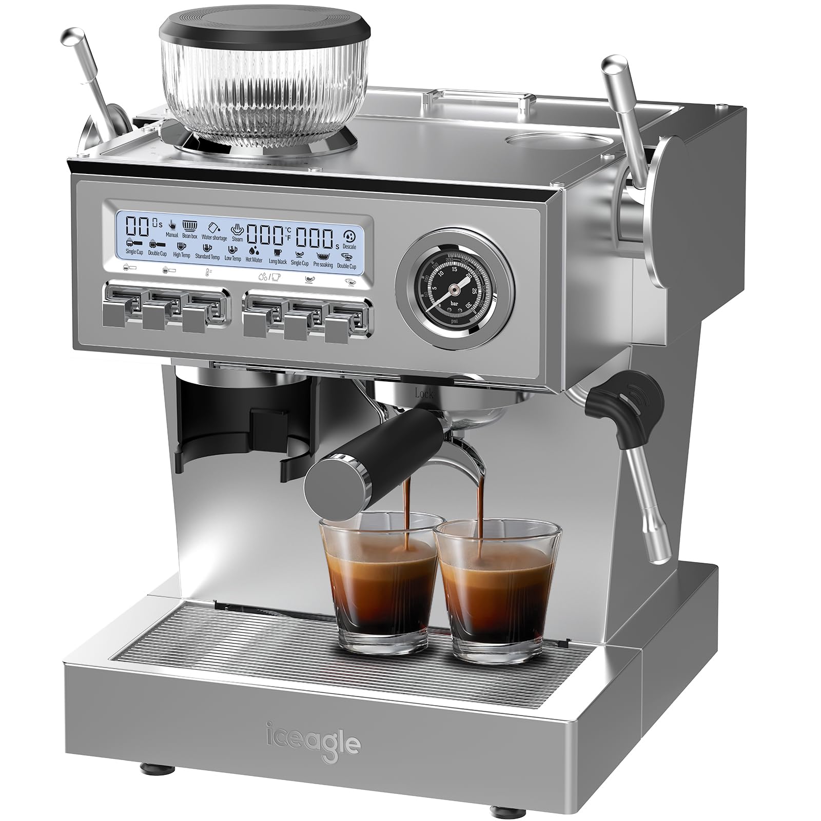 iceagle Machine expresso avec Pompe Italienne de 20 bar, Cafetière a Grain avec Broyeur, Machine à Café avec Mousseur à Lait, Kit Barista, 3 Températures, 25 Niveaux de Mouture, 1,6 litre, Acier Inox