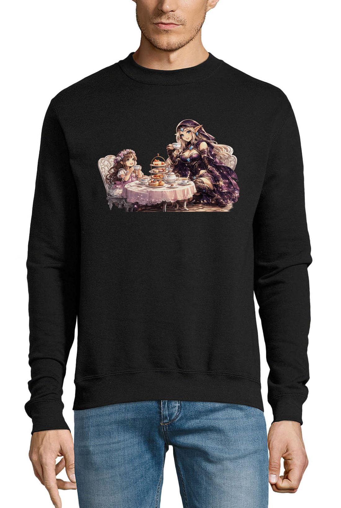 Czarujące elfy dzielące się herbatą bawełniany sweter bluza sweter sweter czarny XXXL