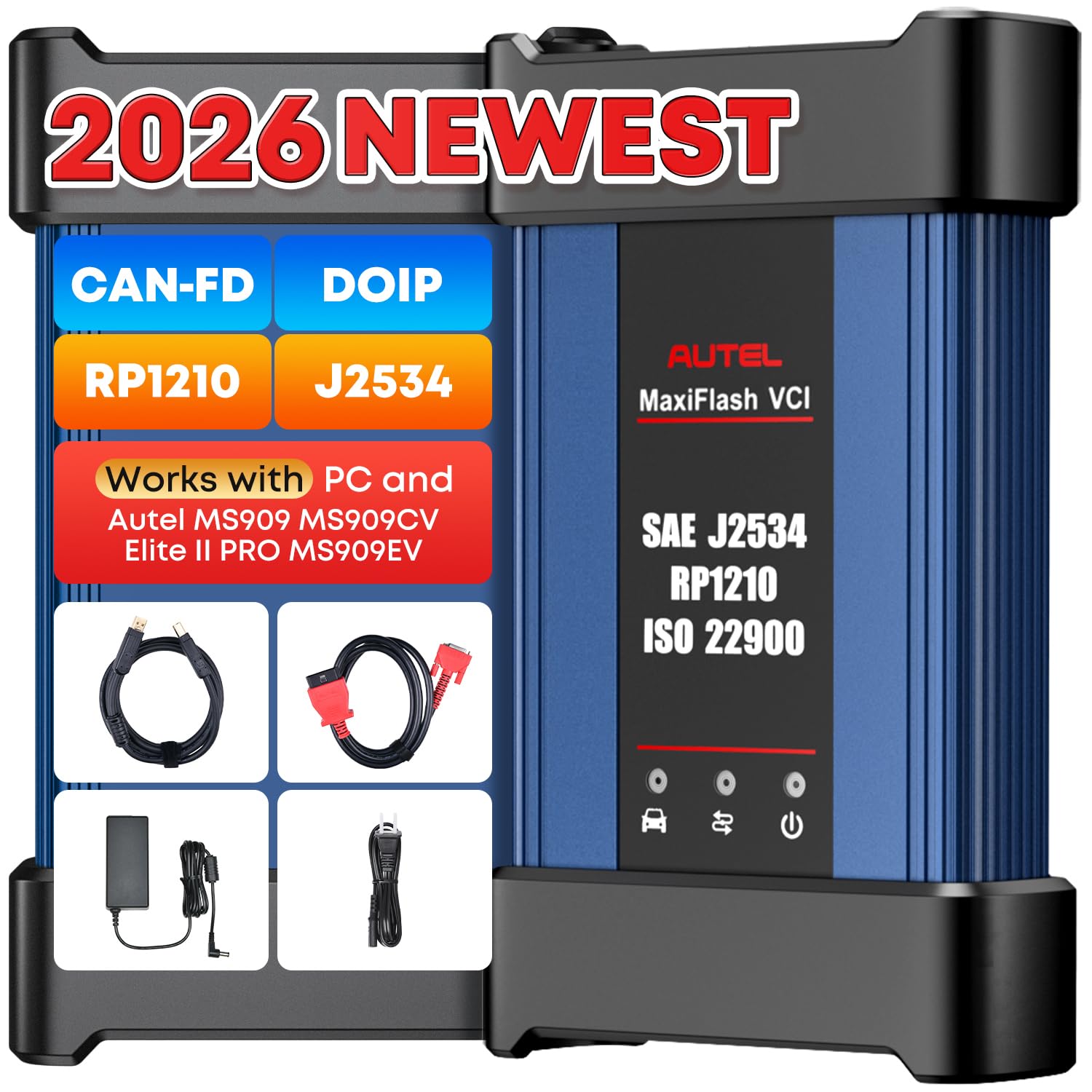 Autel J2534 MaxiFlash VCI, 2026 J2534 Reprogramming Tool, Pass-Thru ECU Programming Tool, DoIP/CAN FD/D-PDU 4 Channels, Work w/MaxiCOM Ultra Lite MaxiSYS Elite II Pro MS909 MS909EV MS909CV