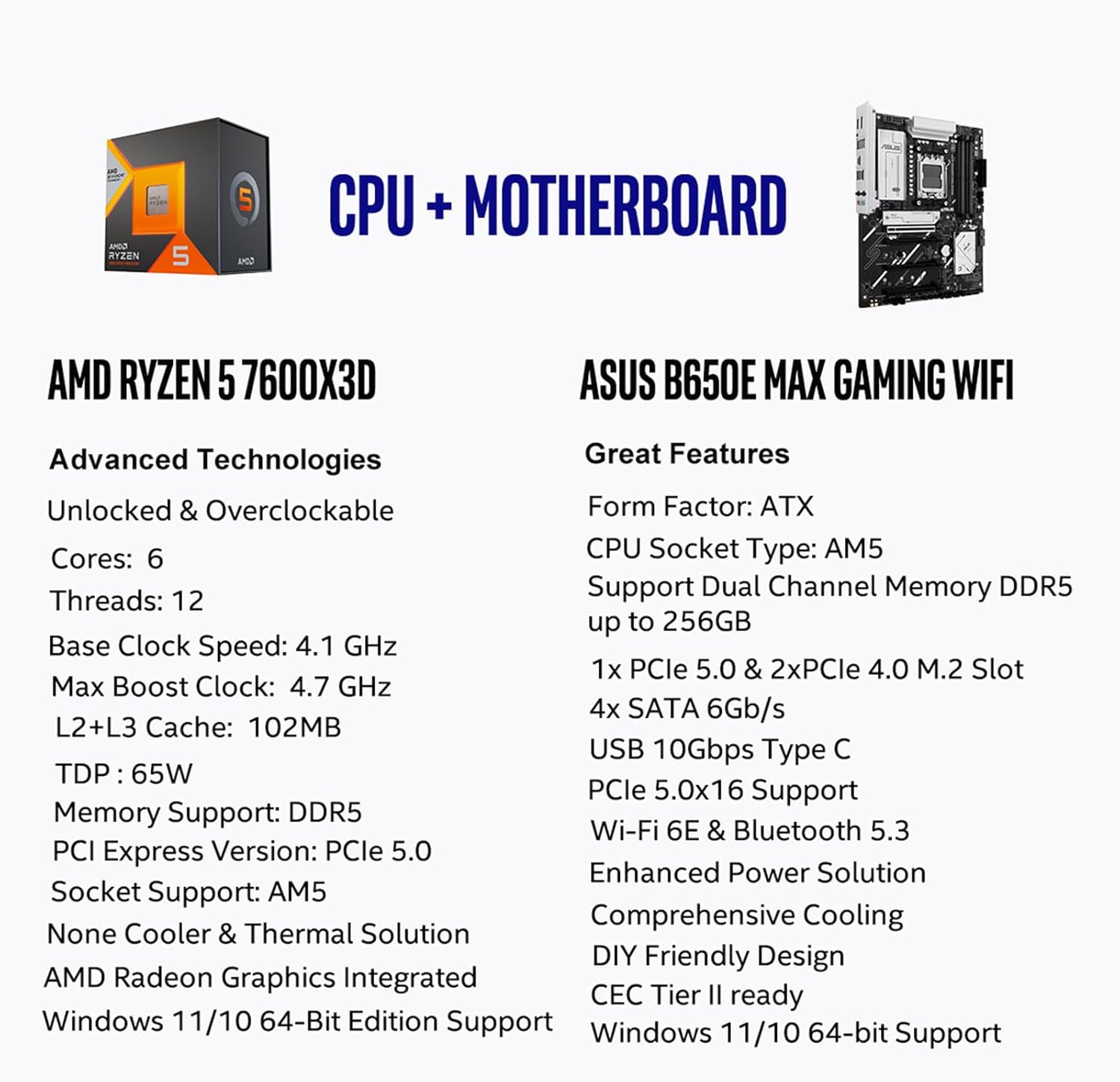 MICRO CENTER AMD Ryzen 5 7600X3D CPU Processor Bundle with ASUS B650E MAX Gaming WiFi AM5 ATX Motherboard (DDR5, PCIe 5.0, 3X M.2, Wi-Fi 6E)