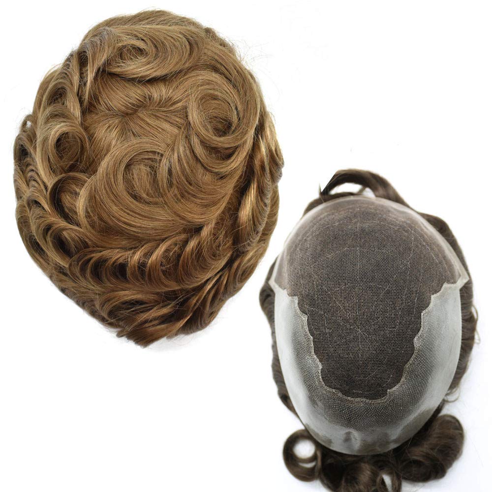 Men Toupee French Lace Front Mens Toupee Hairpieces Poly Skin PU Natural Hairline Replacement Wig (7''x9''100% Light Density, 1B20# Natural Black With 20% Gray)