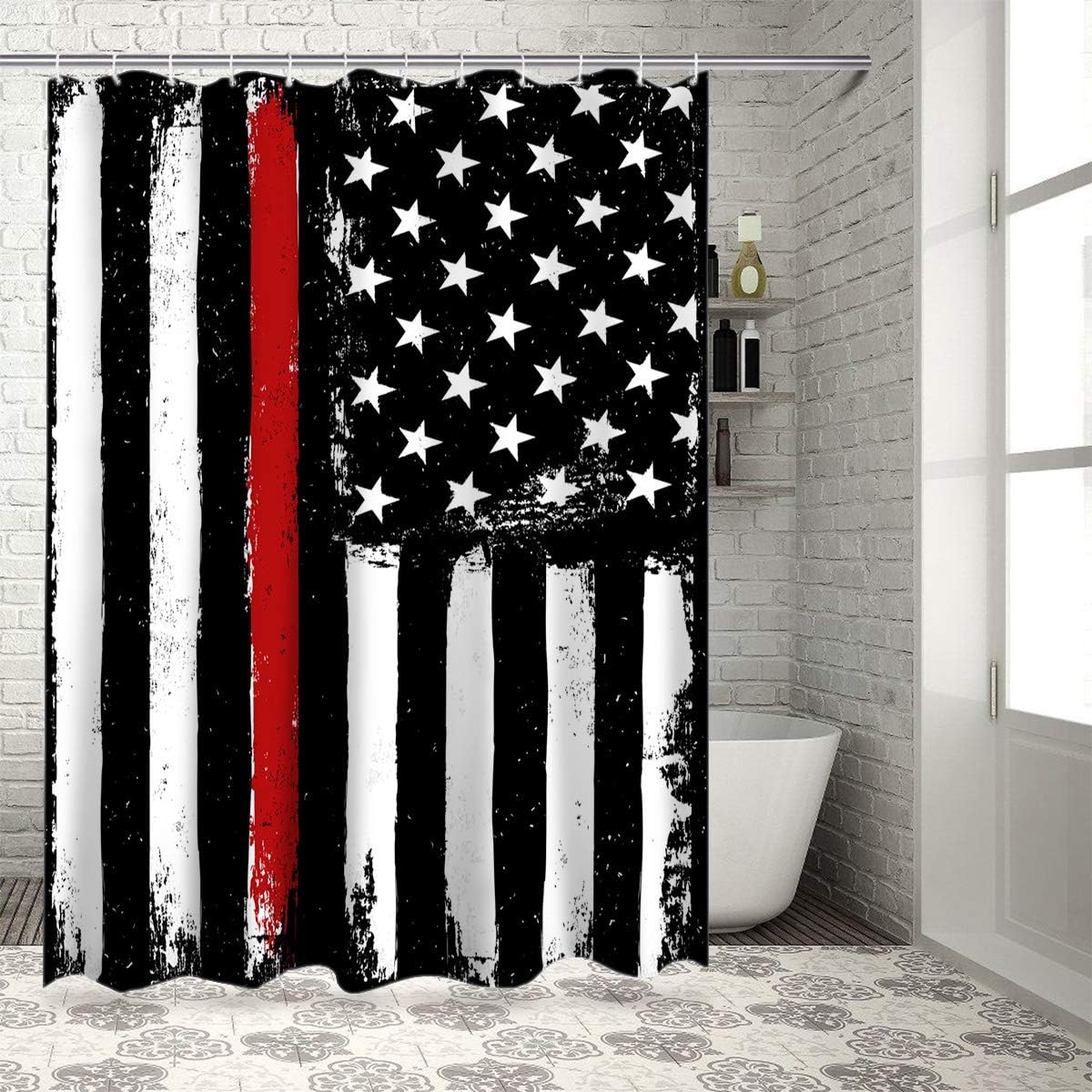 Z&L Home Black White and Red American Flag Shower Curtains for Bathroom Decor Honoring Firefighters Redline Polyester Fabric Waterproof Bath Curtain Set with Hooks