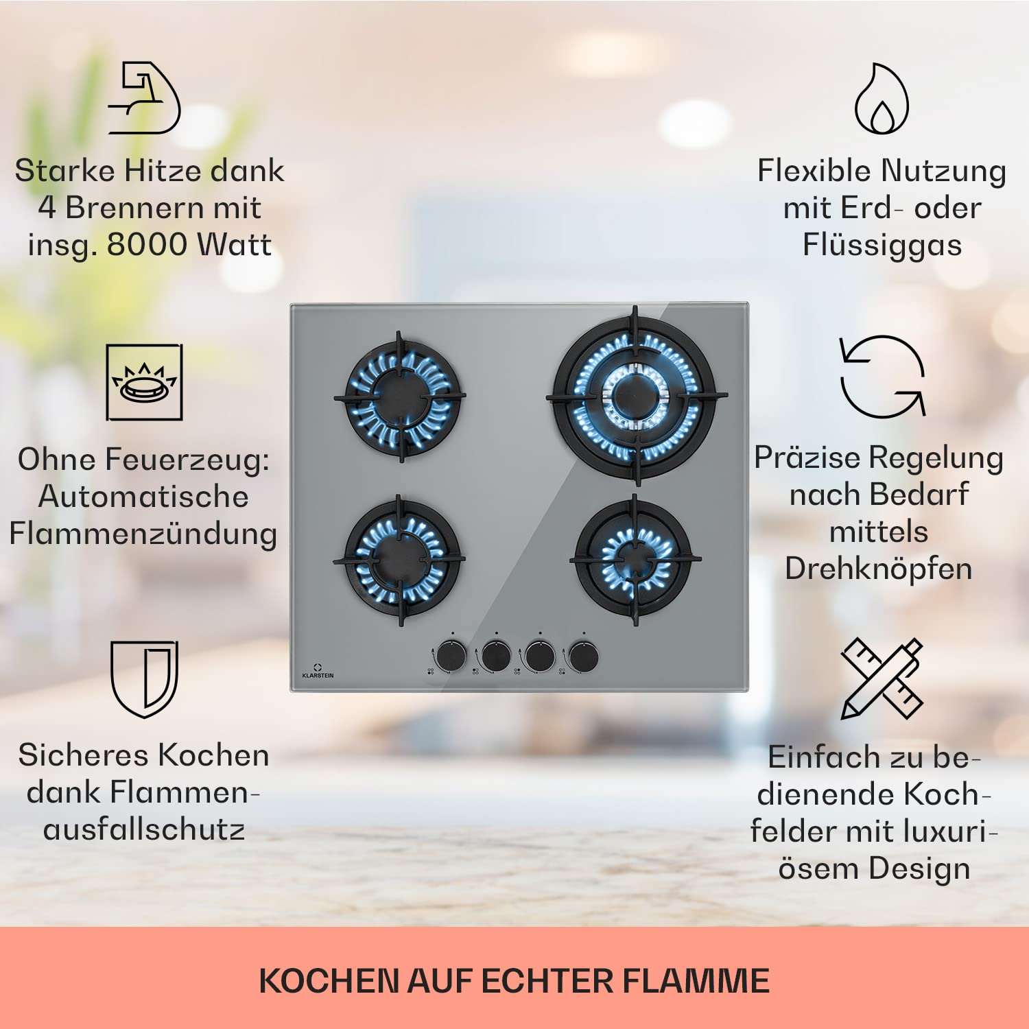 Klarstein Kuchenka gazowa, Gazowa kuchenka do zabudowy na butlę propan, Płyta gazowa 4-palnikowa, Kuchenka do kuchni, na kemping i do kampera, Płyta 8000 W, Kuchenka LPG, Kuchenka gazowa ze stali
