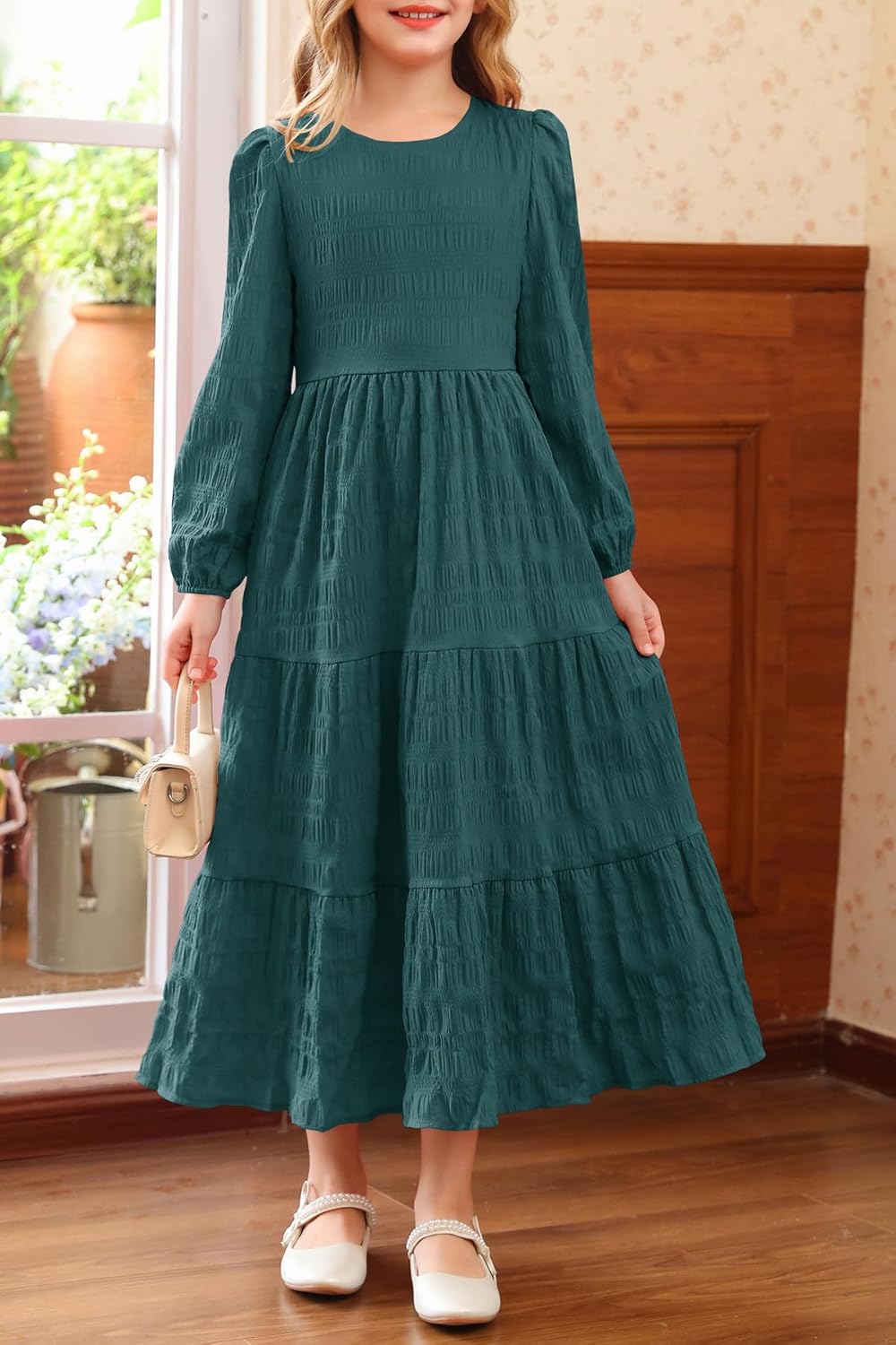 MITILLY Girls Maxi Dress Puff Long Sleeve Crew Neck A-Line Ruffle Tiered Casual Party Dresses with Pockets - Image 2