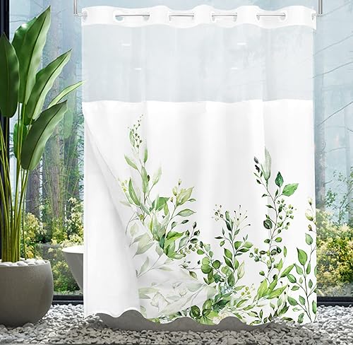 Miniatura 3 de Tititex Juego de cortinas de ducha sin ganchos a presión, hojas de eucalipto verde verde, doble capa, tela impermeable y transparente para ventana