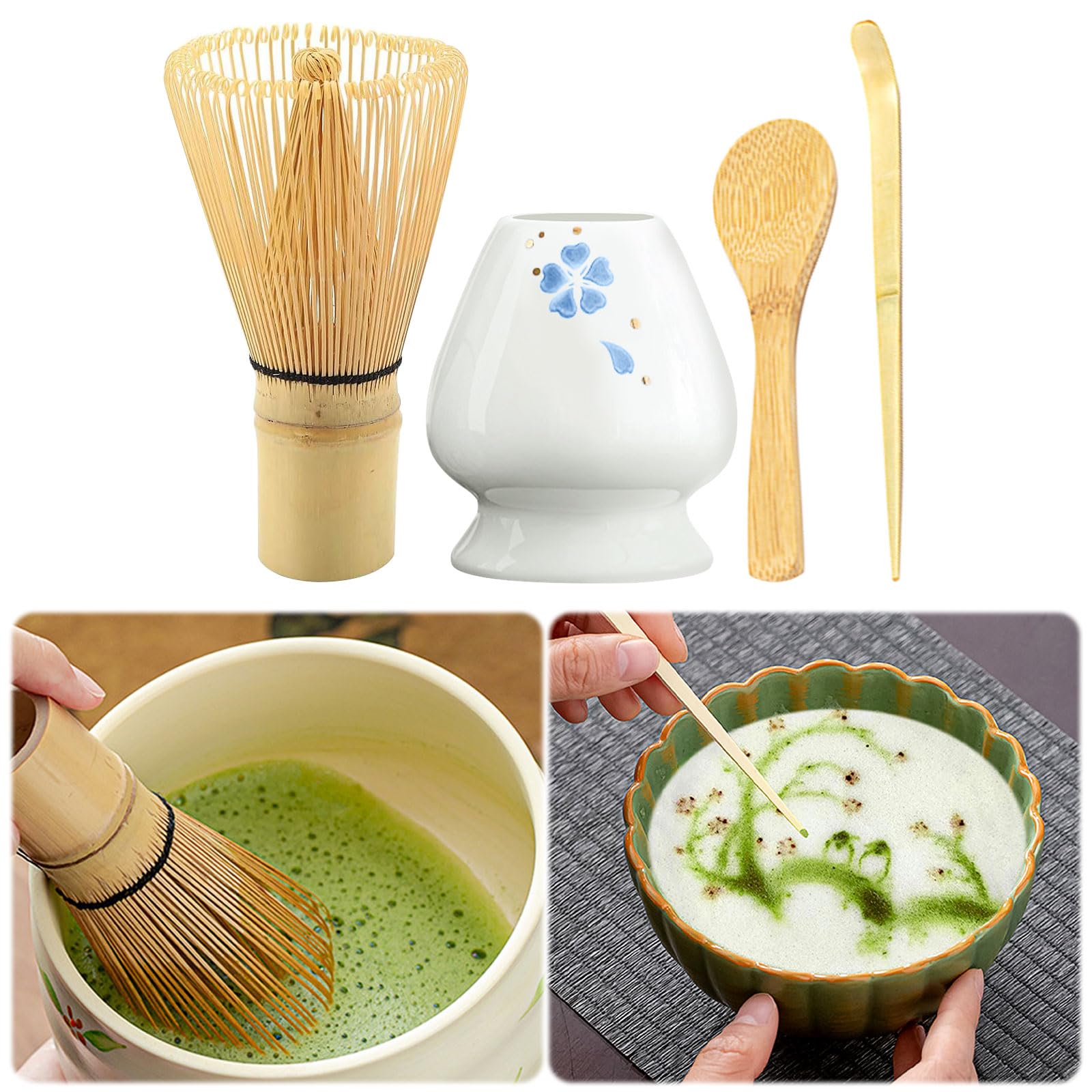 Kit Cérémonie Du Thé Matcha - 4 Fouets En Bambou + 2 Cuillères + Support Céramique Bleu Azure