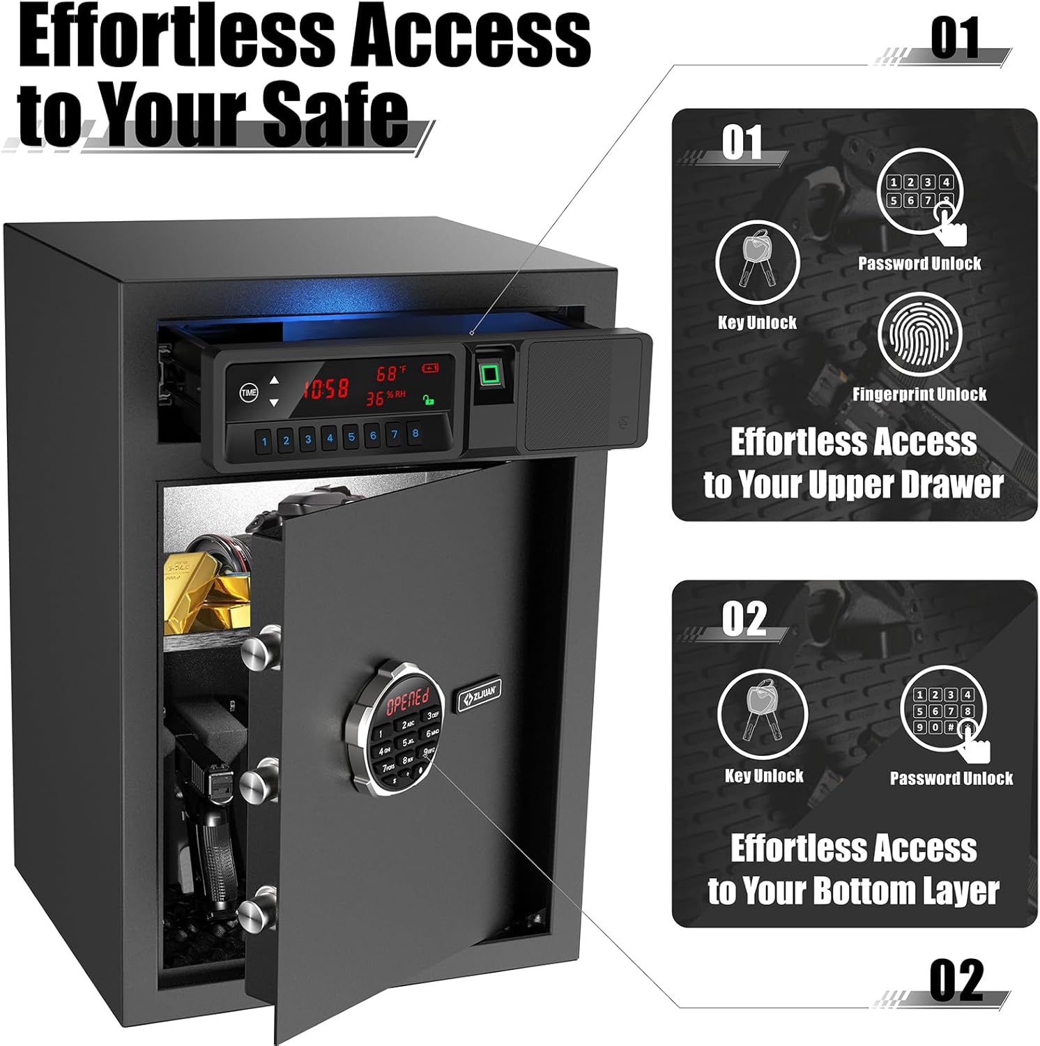 Z ZLJUAN Sliding-Away Drawer Safe with LCD Display of Temp,Humidity,Time,Home Security Electronic for Money Cash Valuables,Keypad Large Lock Box Cabinet Safes
