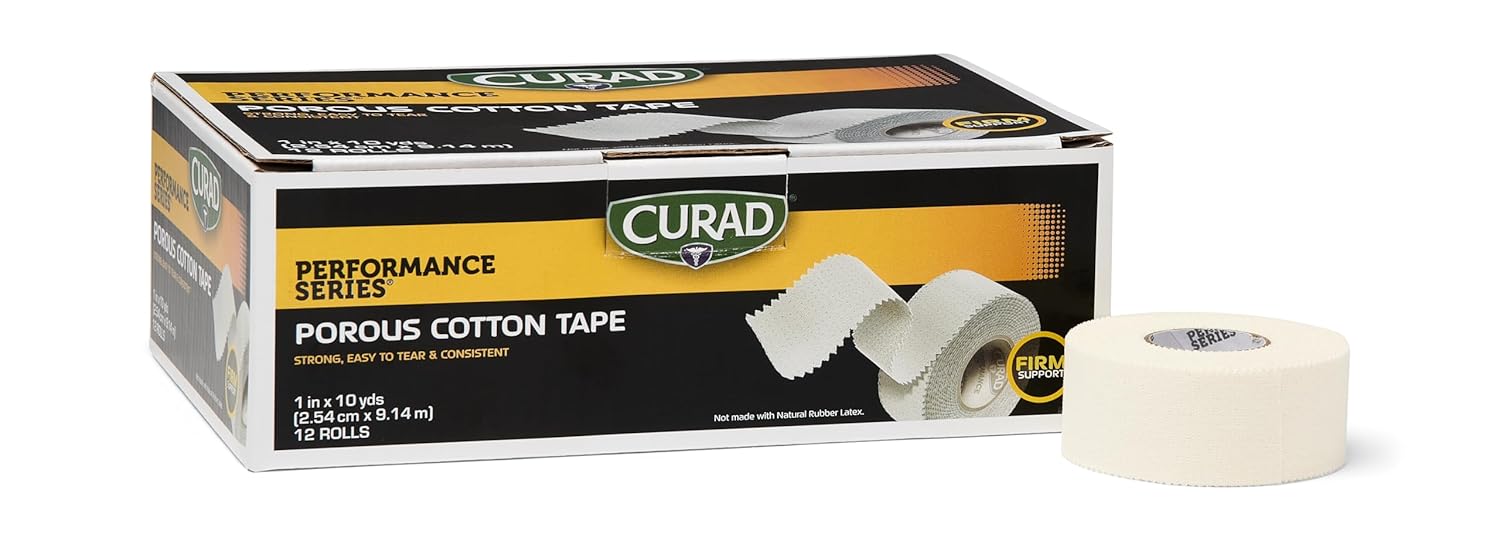 CURAD Performance Series Premium Porous Cotton Athletic Tape, 1" x 10 yd, Box of 12 Rolls - Breathable, Durable Support