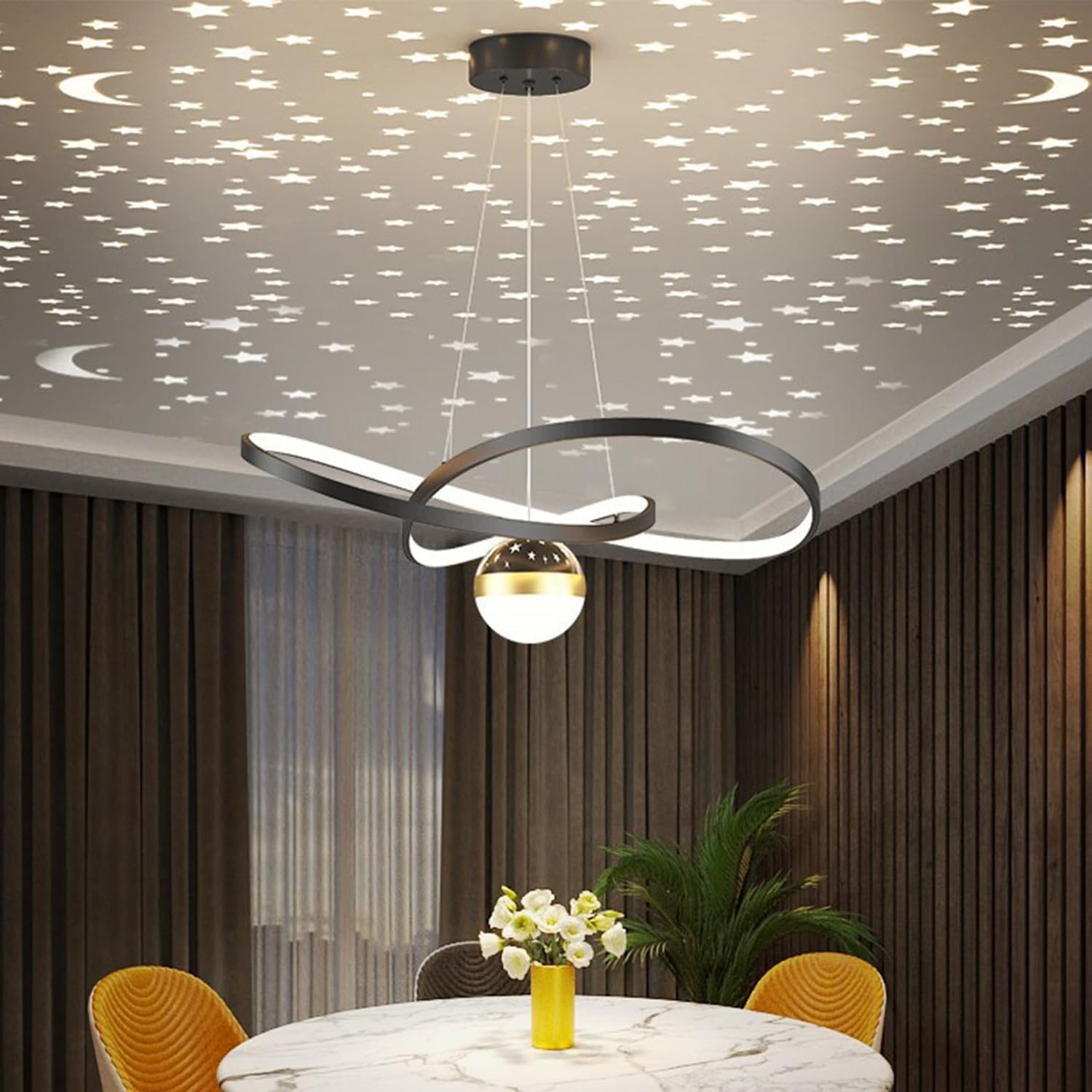 Aleaty Dining Table Lamp LED Modern Pendant Lamp with Remote Control Pendant Lamp Living Room Modern 40W Starry Sky Converged Chandelier Dimmable Pendant Lamp for Dining Room (Black)