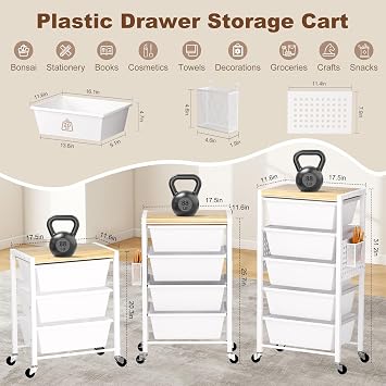 Rolling Cart with Drawers, Rolling Storage Cart with 5 Large Plastic Drawers & Wooden Tabletop, Utility Cart with Pegboards & Basket, Storage Drawers Cart for Living Room, Classroom, Bedroom, Office