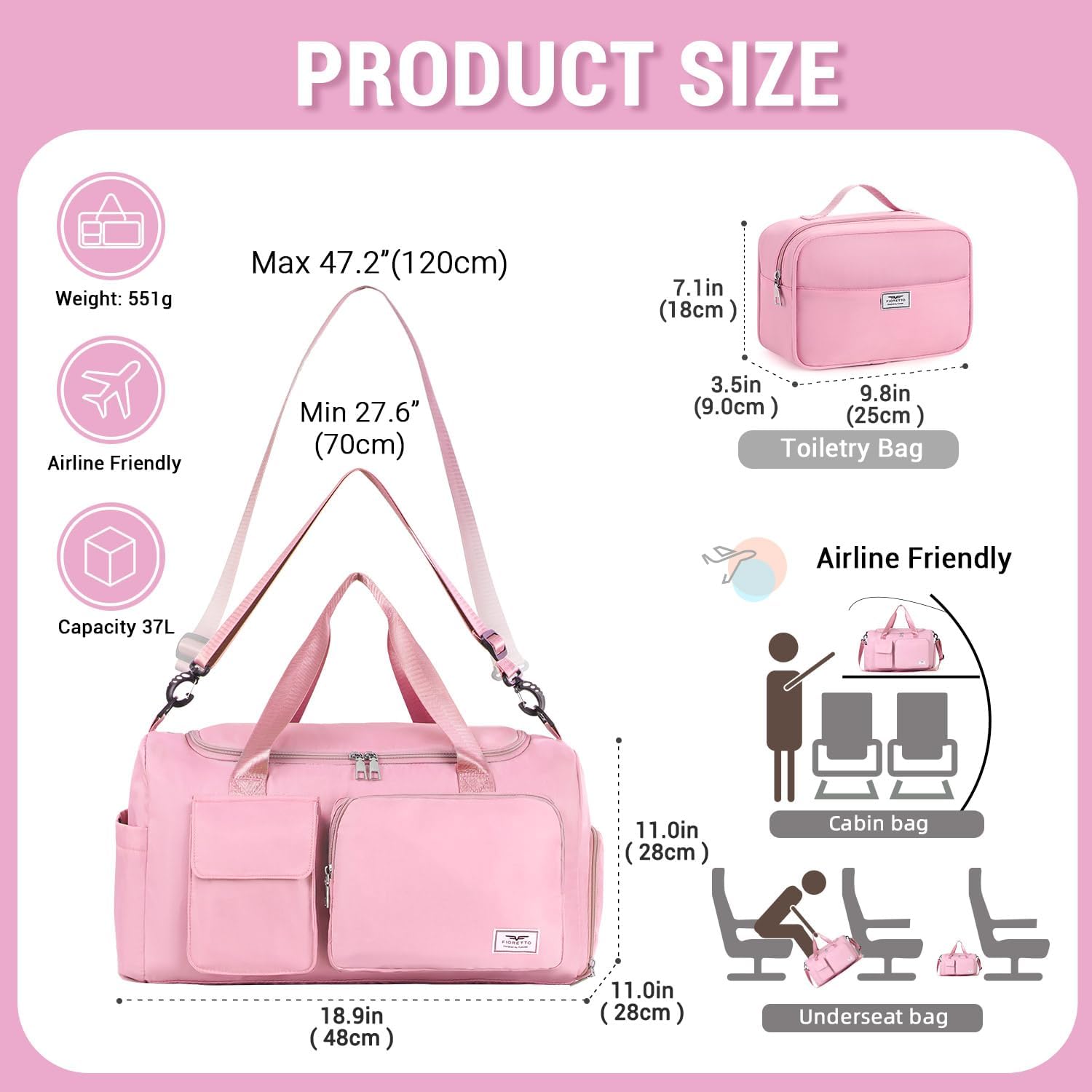 FIORETTO Women's Gym Duffle Bag with Shoes Compartment, 37L Capacity, Ideal for Travel, Gym, Sports, Duffel, Weekender - Image 3