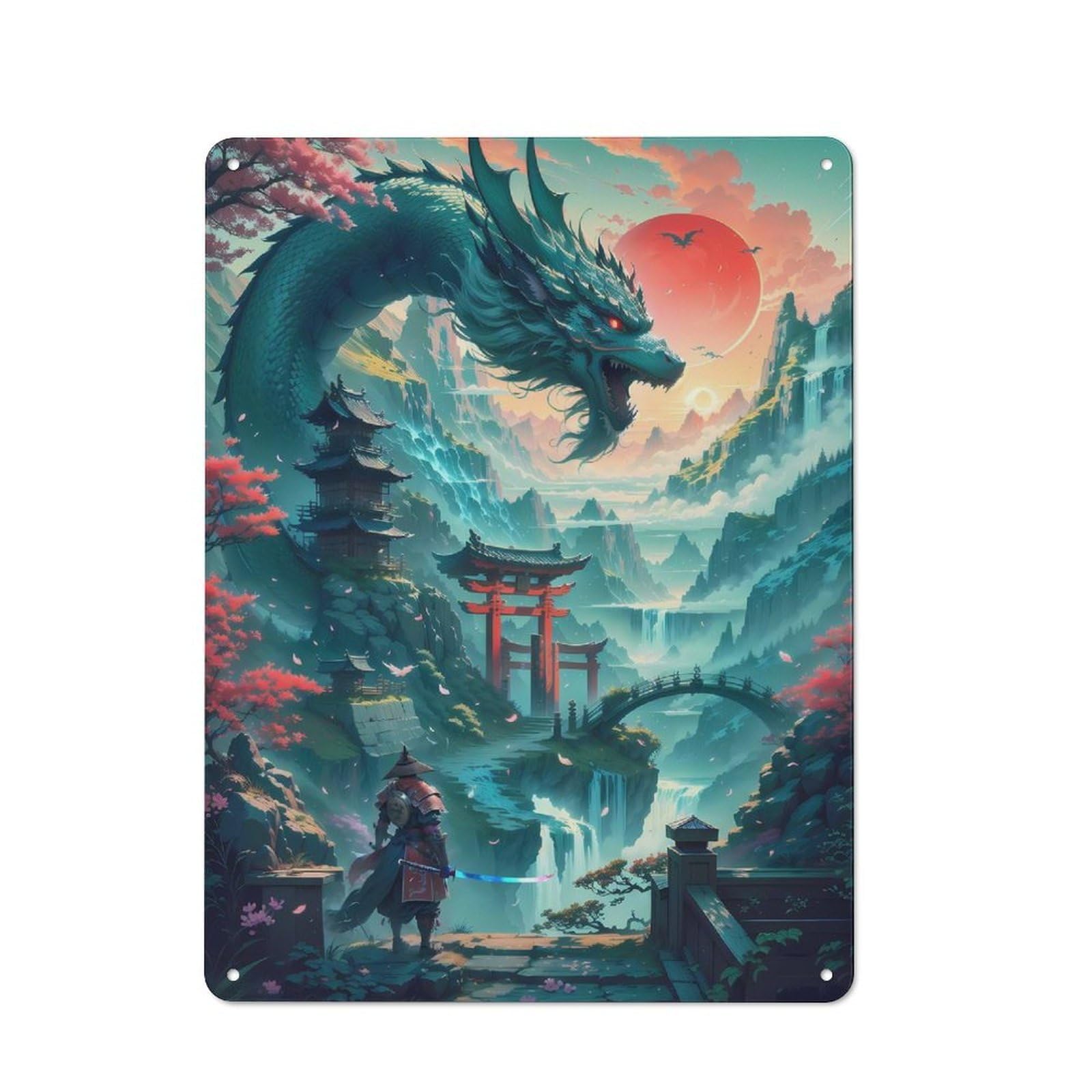 Modern Retro Metal Wall Art Sign 40x30cm Featuring Dragon Warrior Landscape, Urban Room Decor for Workspace, Cafe, Hallway Or Garage