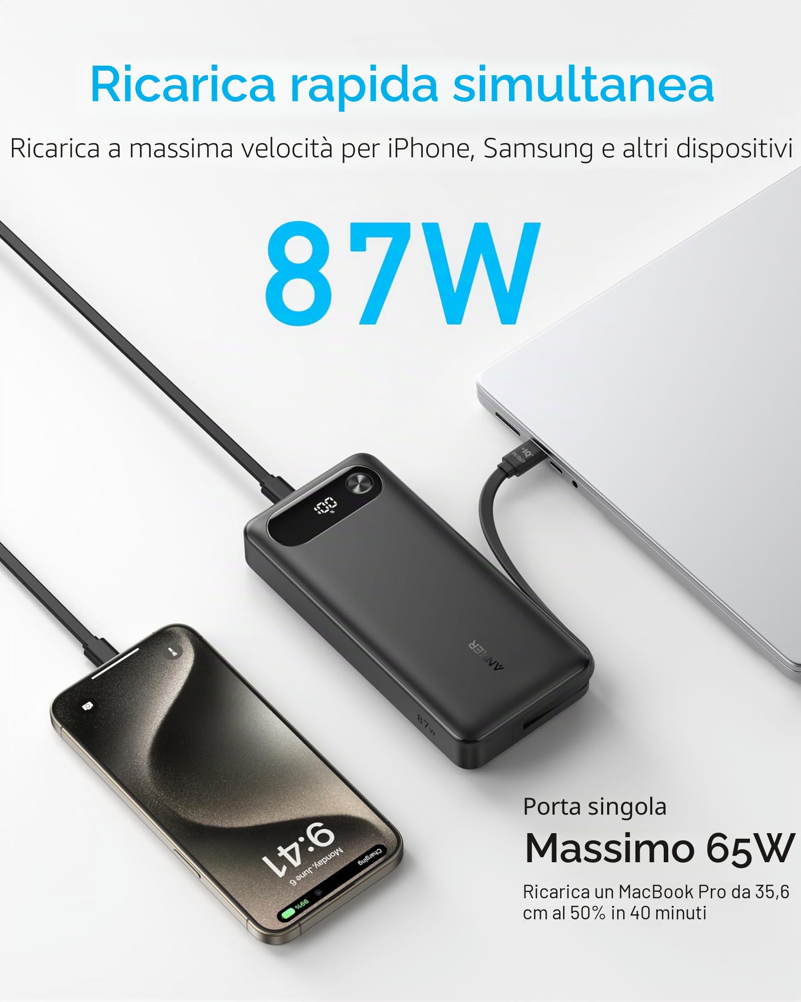 Anker Power Bank, Caricabatterie Portatile da 20.000 mAh, con Cavo USB C Integrato, Batteria a Ricarica Rapida 87 W, 2 USB-C e 1 USB-A, per MacBook, iPhone 17/16 Serie, Samsung, Switch, e Altro Ancora