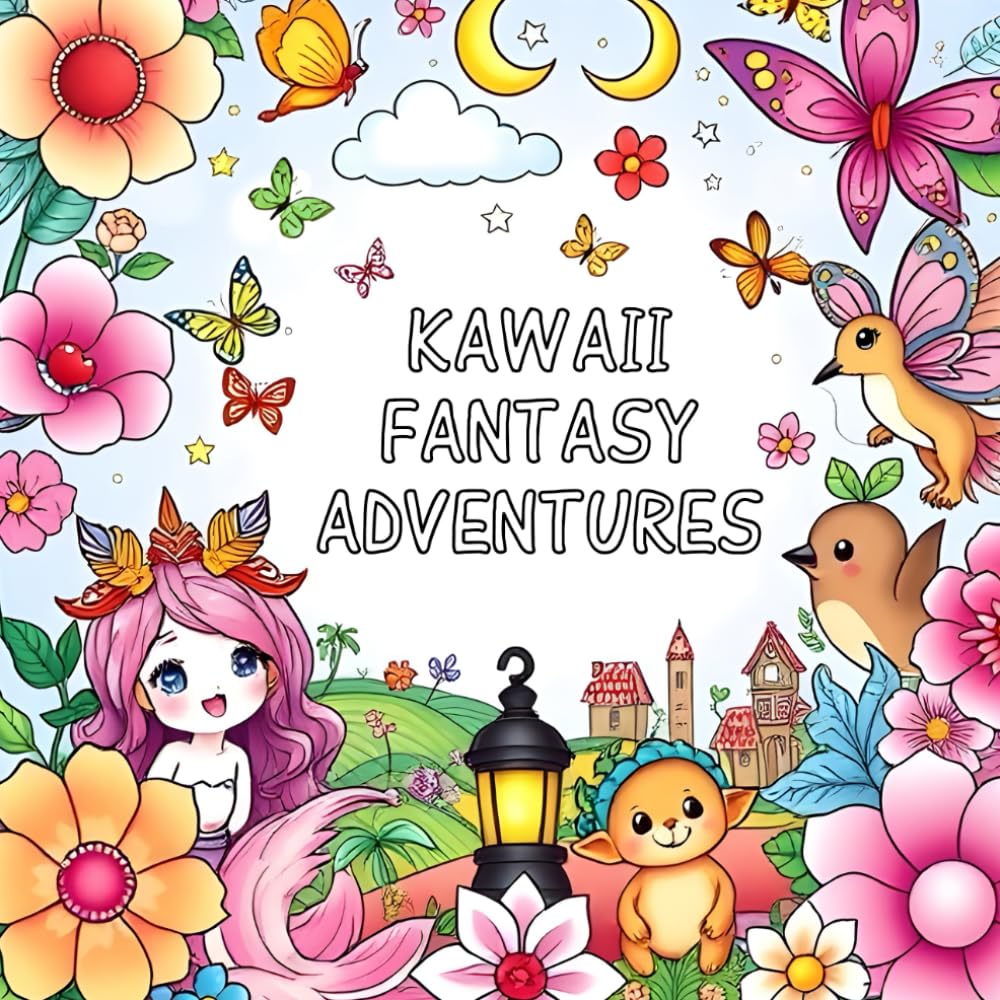 Kawaii Fantasy Adventures: A Colouring Book for All Ages - 8.5x8.5 inches (21.59cm x 21.59cm) - 40 different kawaii-inspired illustrations of adorable animals and charming fantasy objects