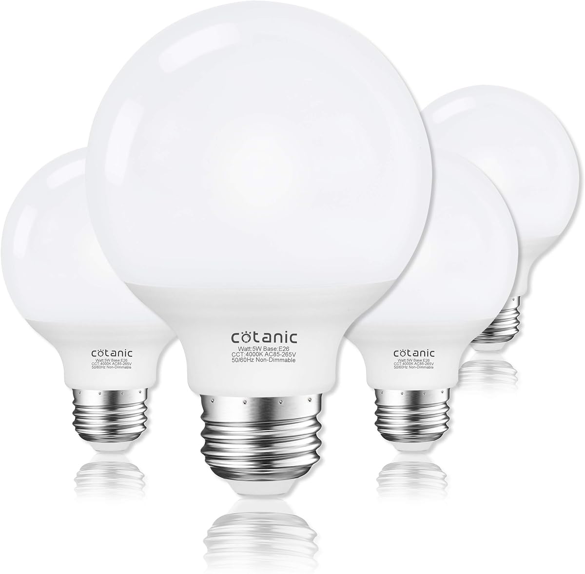 Cotanic G25 Bombillas LED tipo globo 4000K Luz diurna Base E26 Equivalente a 60W | Paquete de 4, no regulables, 5W, 500LM, CRI 85+, 120V, bombillas redondas de base estándar para espejo de tocador de baño