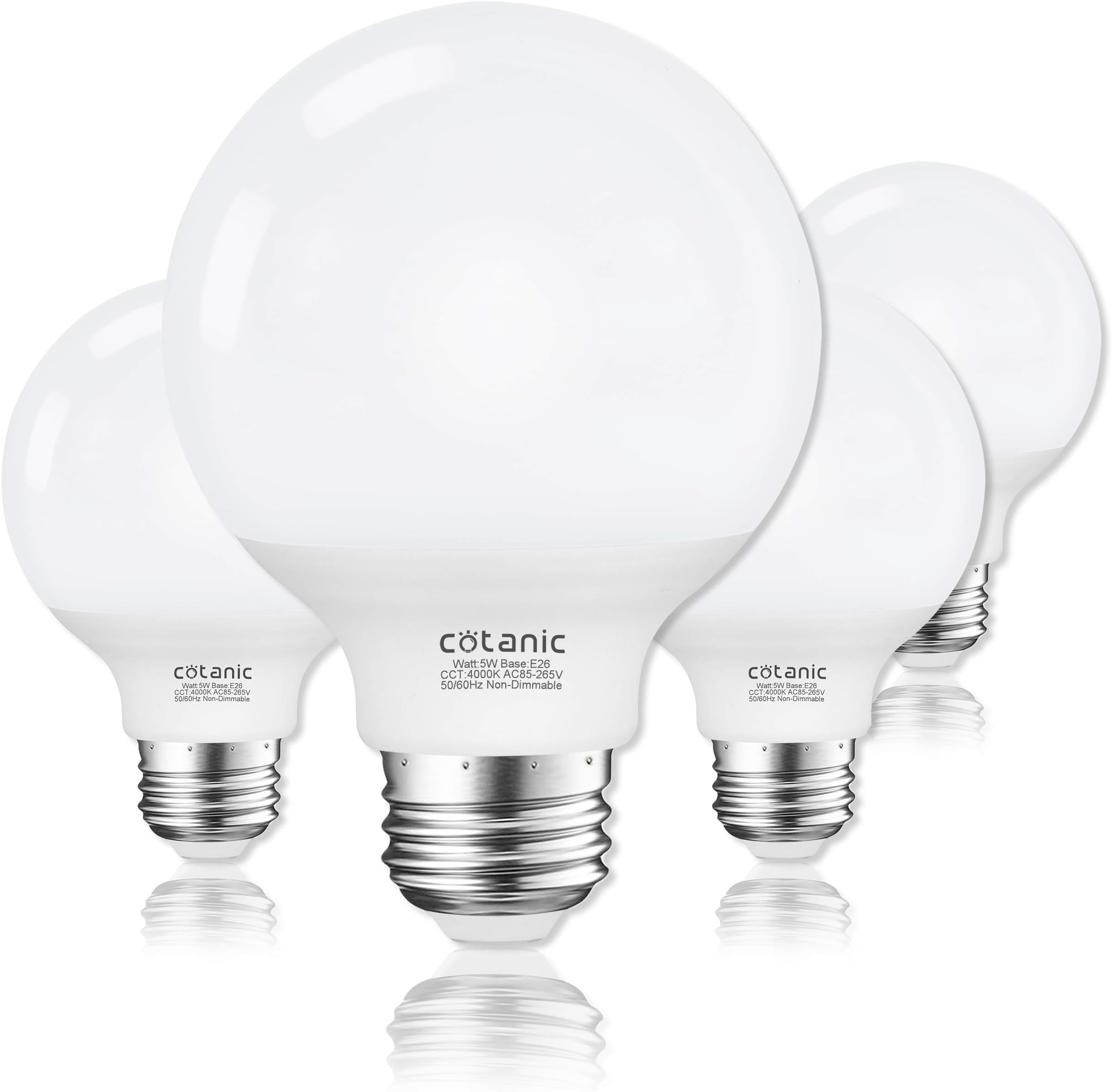Cotanic G25 LED Globe Light Bulbs, 5W Vanity Light Bulb (60W Equivalent),Daylight 4000K,Non-dimmable Makeup Mirror Lights for Bedroom,Led Bathroom Light Bulbs,E26 Medium Screw Base,500lm,Pack of 4