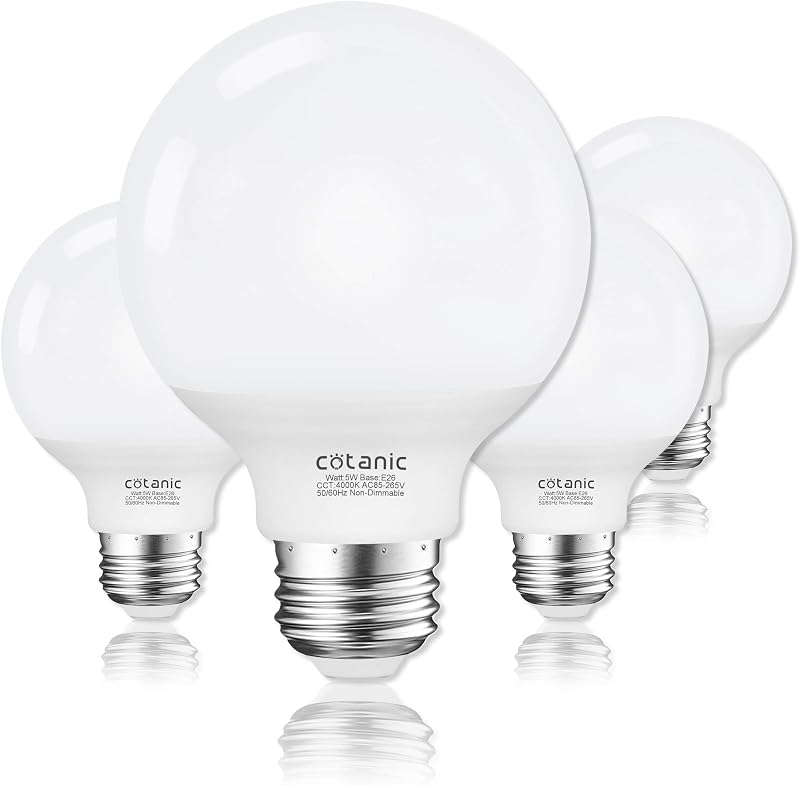 Cotanic G25 Bombillas LED tipo globo 4000K Luz diurna Base E26 Equivalente a 60W | Paquete de 4, no regulables, 5W, 500LM, CRI 85+, 120V, bombillas redondas de base estándar para espejo de tocador de baño