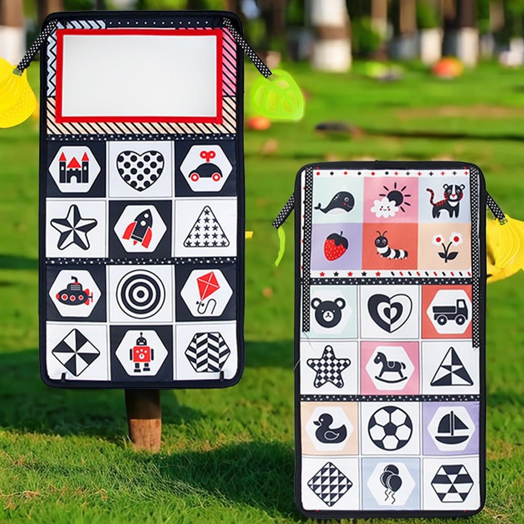 Brzuch Time Mirror Zabawki dla Niemowląt, 2 Płaskie Gumy, Flip Mirror Wysoki Kontrast Czarno-białe Zabawki Zmysłowe Składane Zabawki Dziecięce, Noworodków 0-12 Miesiące (wzór)