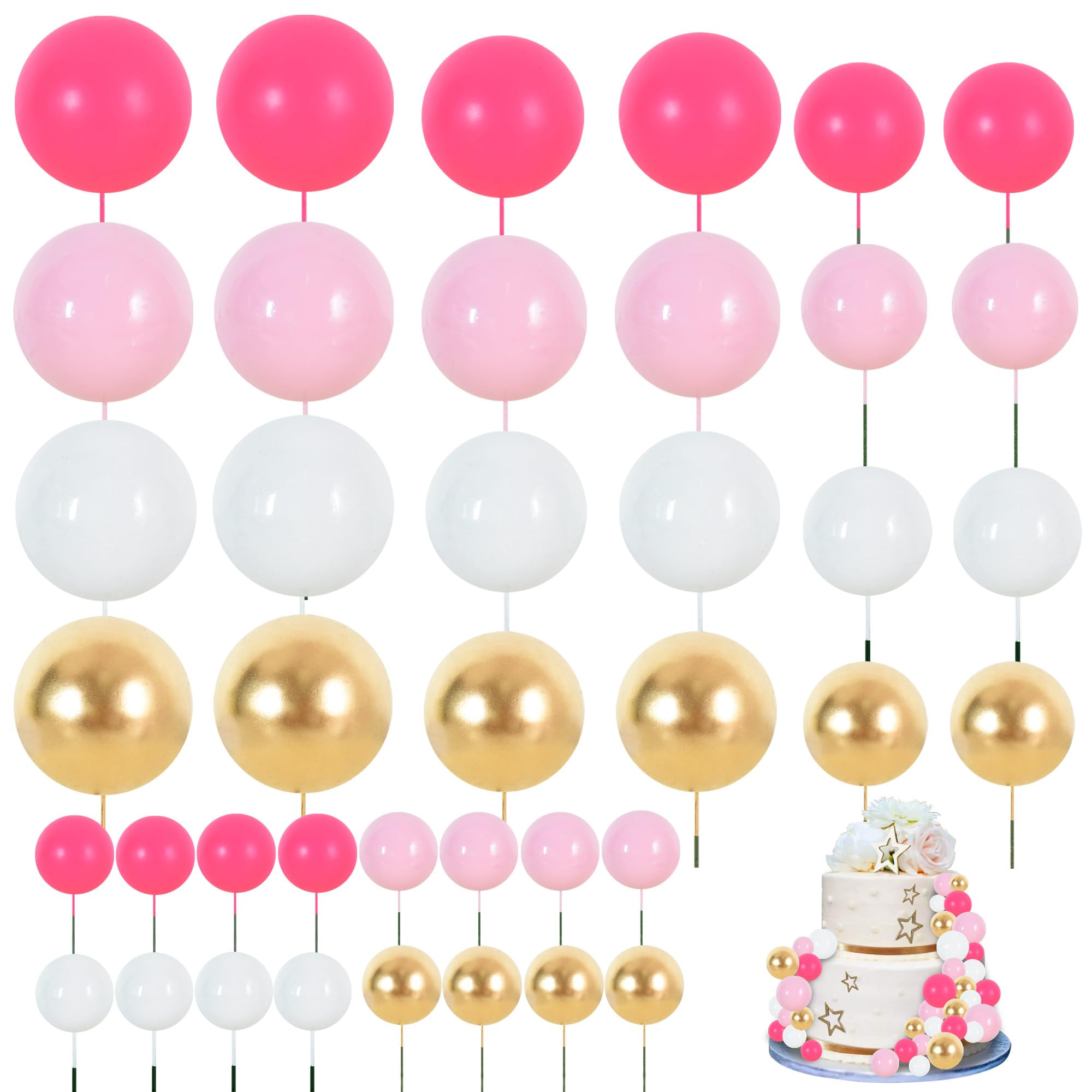BEISHIDA 40 Pcs Foam Ball Cake Toppers with Sticks Mini Cake Decorations for Birthdays, Weddings, Baby Showers, DIY Baking Supplies, Anniversary Party