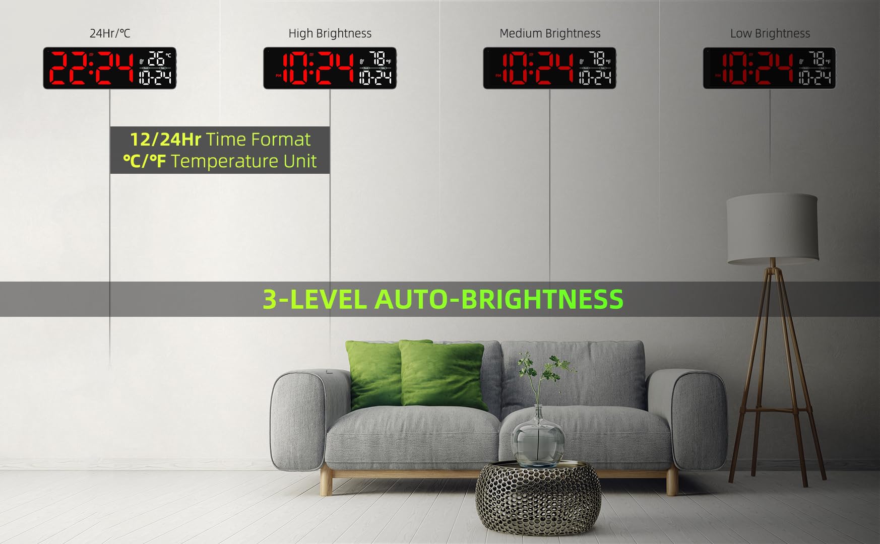 Grande orologio digitale da parete a LED con data, temperatura, auto-luminosità, auto-DST, grande orologio digitale per camera da letto, scrivania, aula, soggiorno, cucina, ufficio, palestra, fattoria