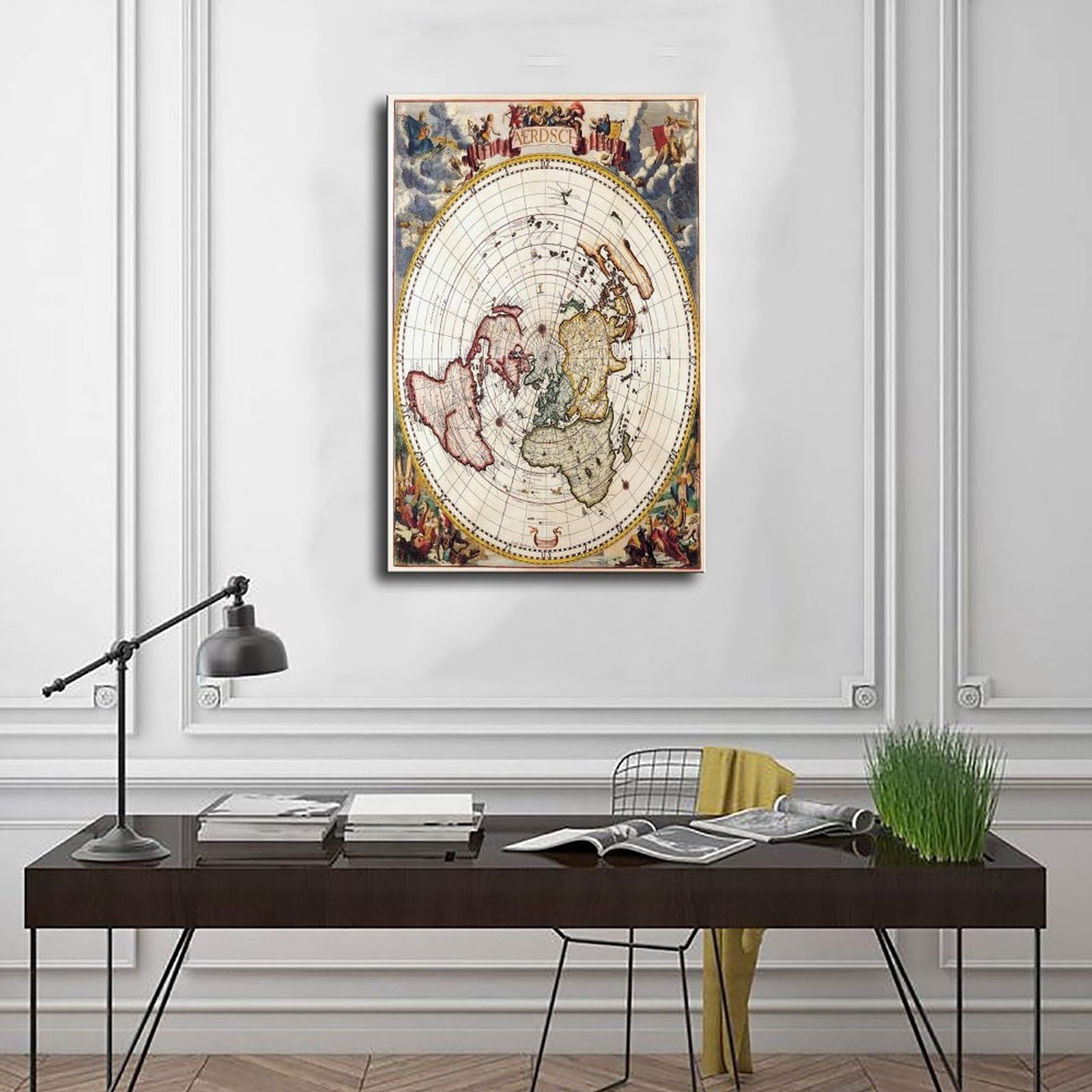 WCYB Flache Erde Weltkarte Vintage – Jacob Harrewyn – Polar-Azimut-Projektionsdrucke, Poster, Leinwand, Dekoration, Gemälde, Wandkunst für Büro, zum Aufhängen, Rahmen, 40,6 cm