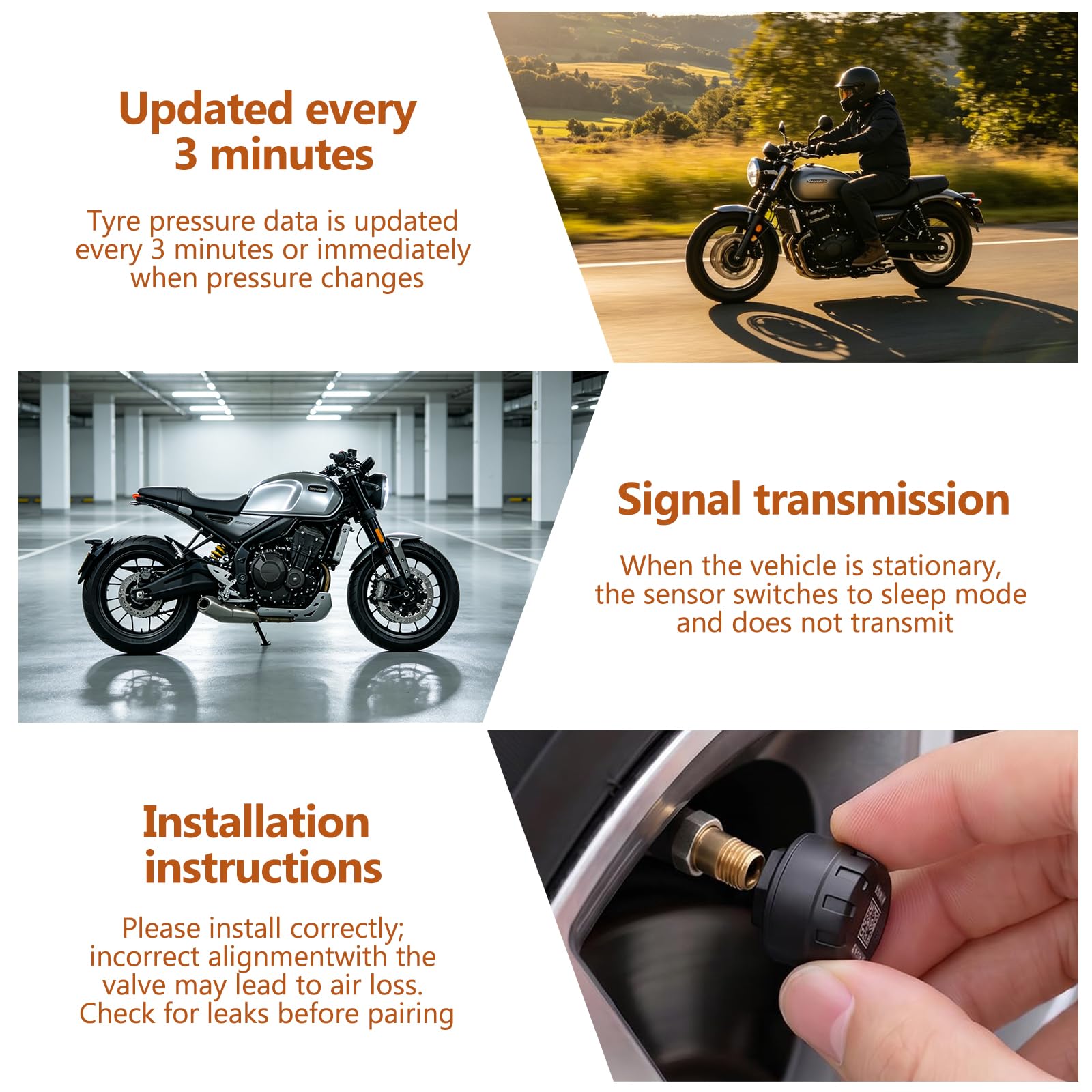 4 motocyklowy system kontroli ciśnienia w oponach TPMS z czystej miedzi, oparty na aplikacji (iOS/Android), ciśnienie i temperatura w czasie rzeczywistym, wodoszczelność IP67, żywotność baterii 2-3