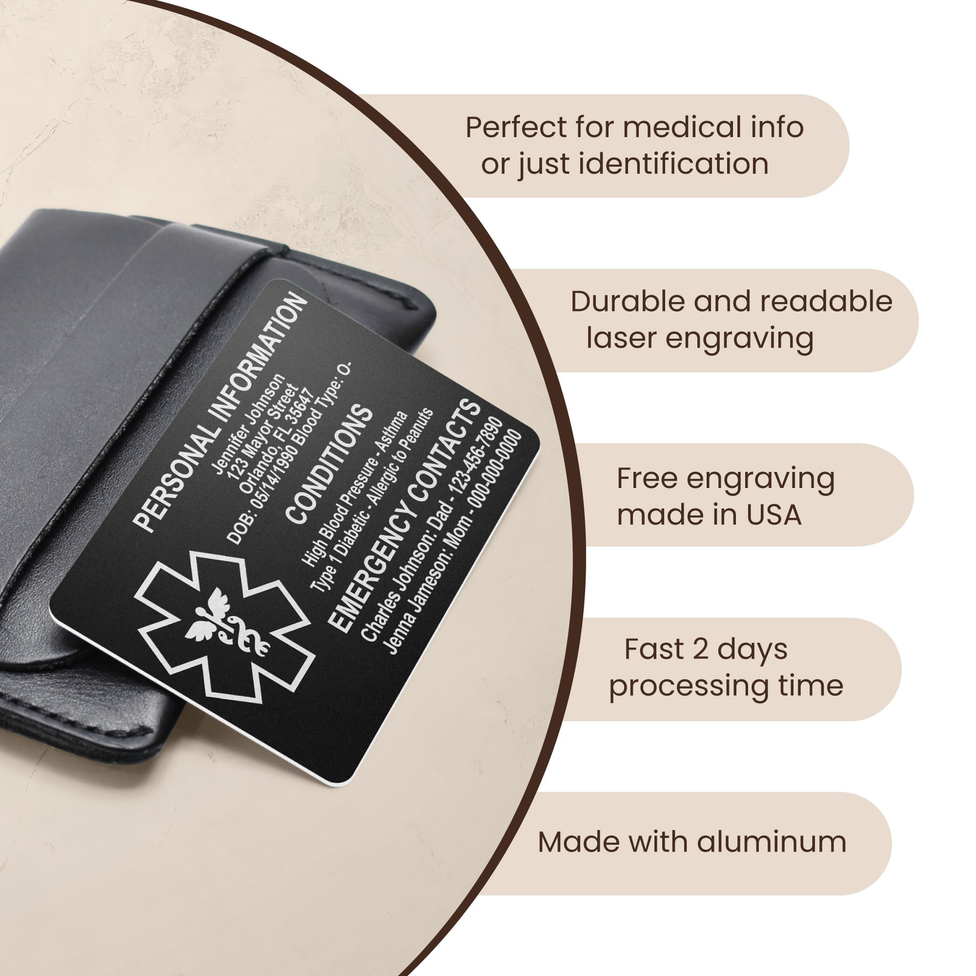 Custom Medical ID Card for Wallet, Aluminum Free Engraving Emergency Contact Card, Personalized Metal Awareness Alert ICE Card for Medic Conditions, Allergies & Identification