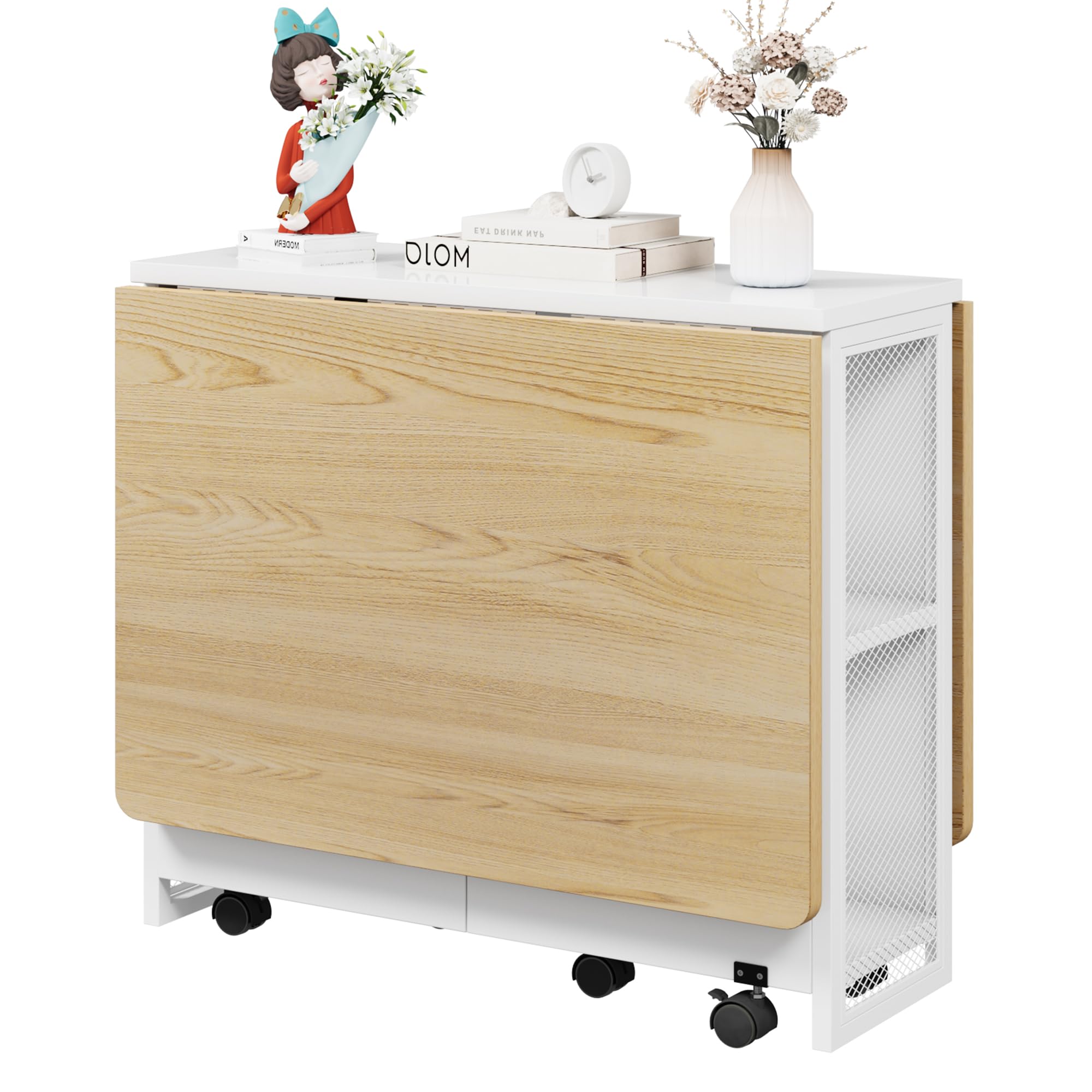 Garvee Table De Cuisine Pliante sur roulettes, Table à Manger pour 4 à 6 Personnes avec 2 Plateaux Et 2 étagères Intégrées, Table en Bois Gain De Place pour Petits Espaces Et Salons,127 x 80 x 75 Cm
