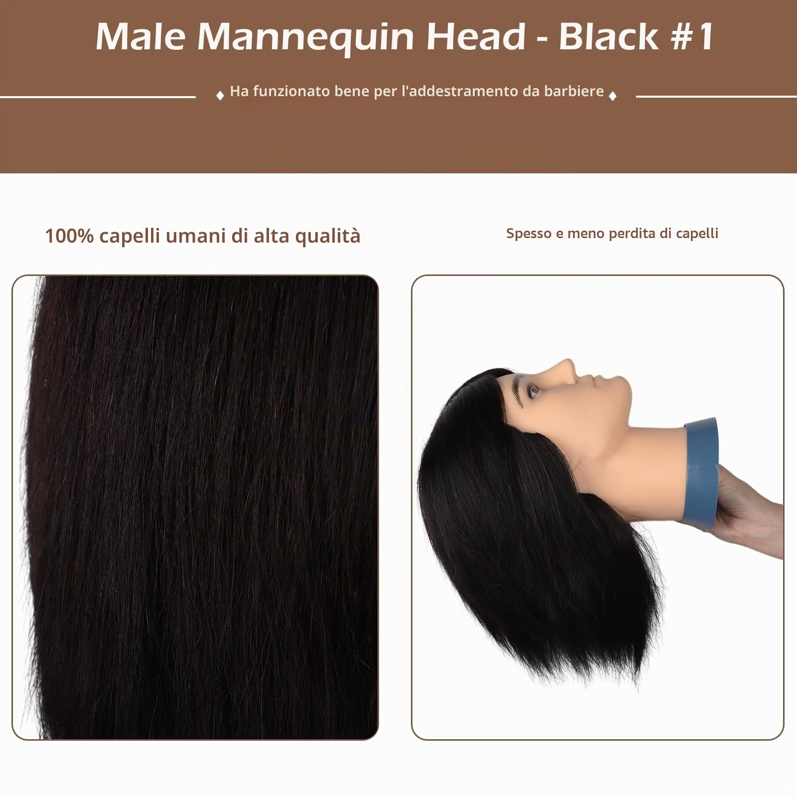 Testa per Parrucchieri Uomo Capelli Veri 100% Manichino 35cm Nero Taglio di Capelli Maschile