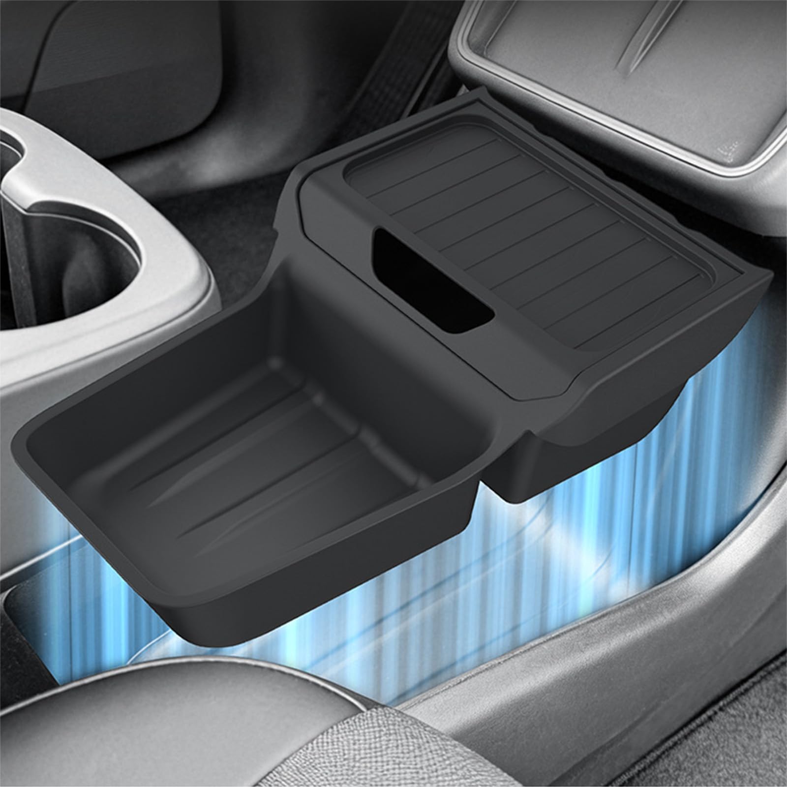 Organisateur de Console Centrale Arrière pour Tesla Model Y Juniper Standard 2025-2026, Boîte de Rangement pour Siège Arrière avec Couvercle Antidérapant, Poubelle Auto, Accessoire Tesla Model Y