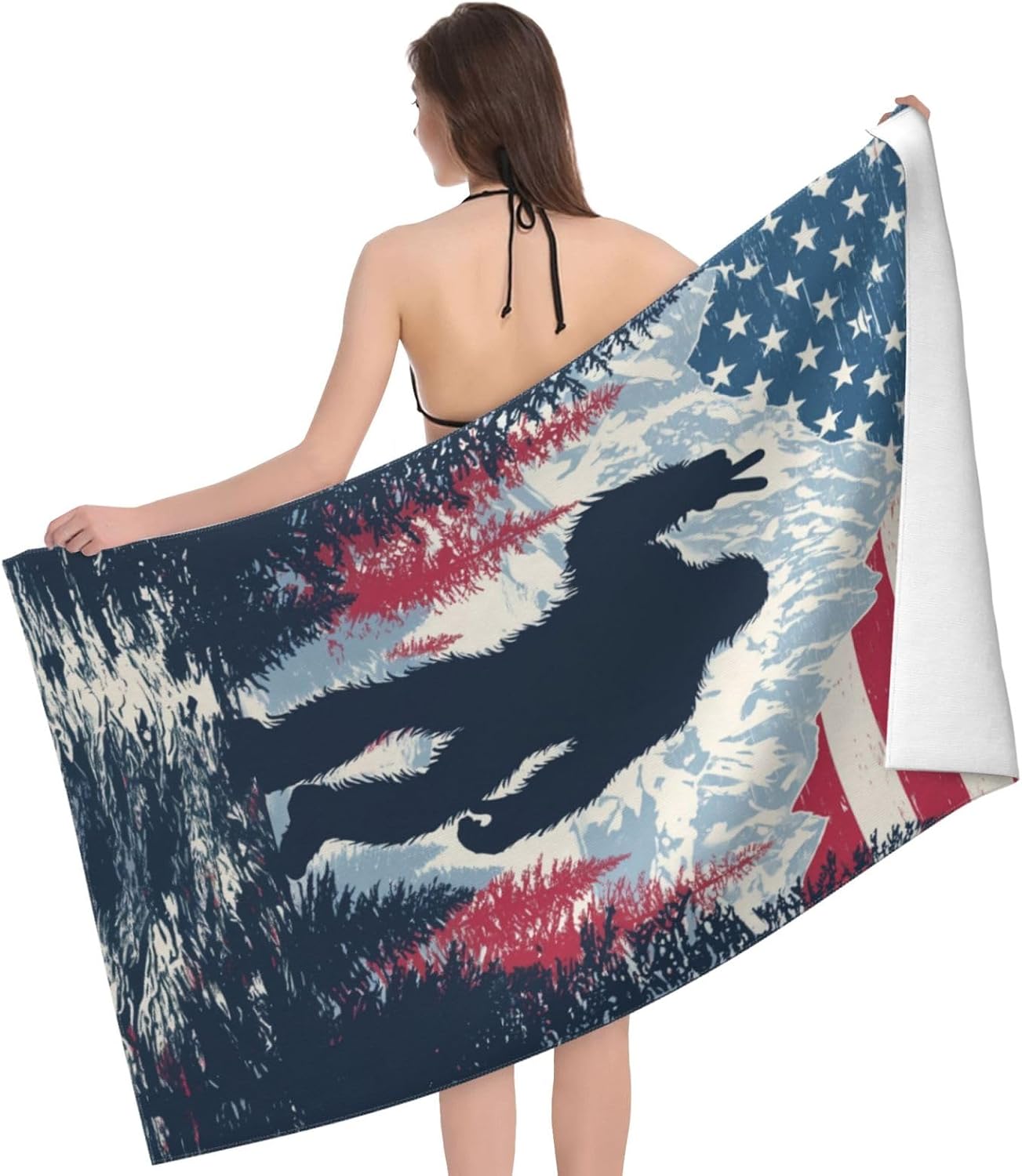 American Flag Bigfoot Beach Towel Microfiber Sand-Free Soft Absorbent Quick Dry Sasquatch Bath Towel for Travel Pool Swimming Bathroom Travel Gifts for Men Women Beach Accessories 31x51 in