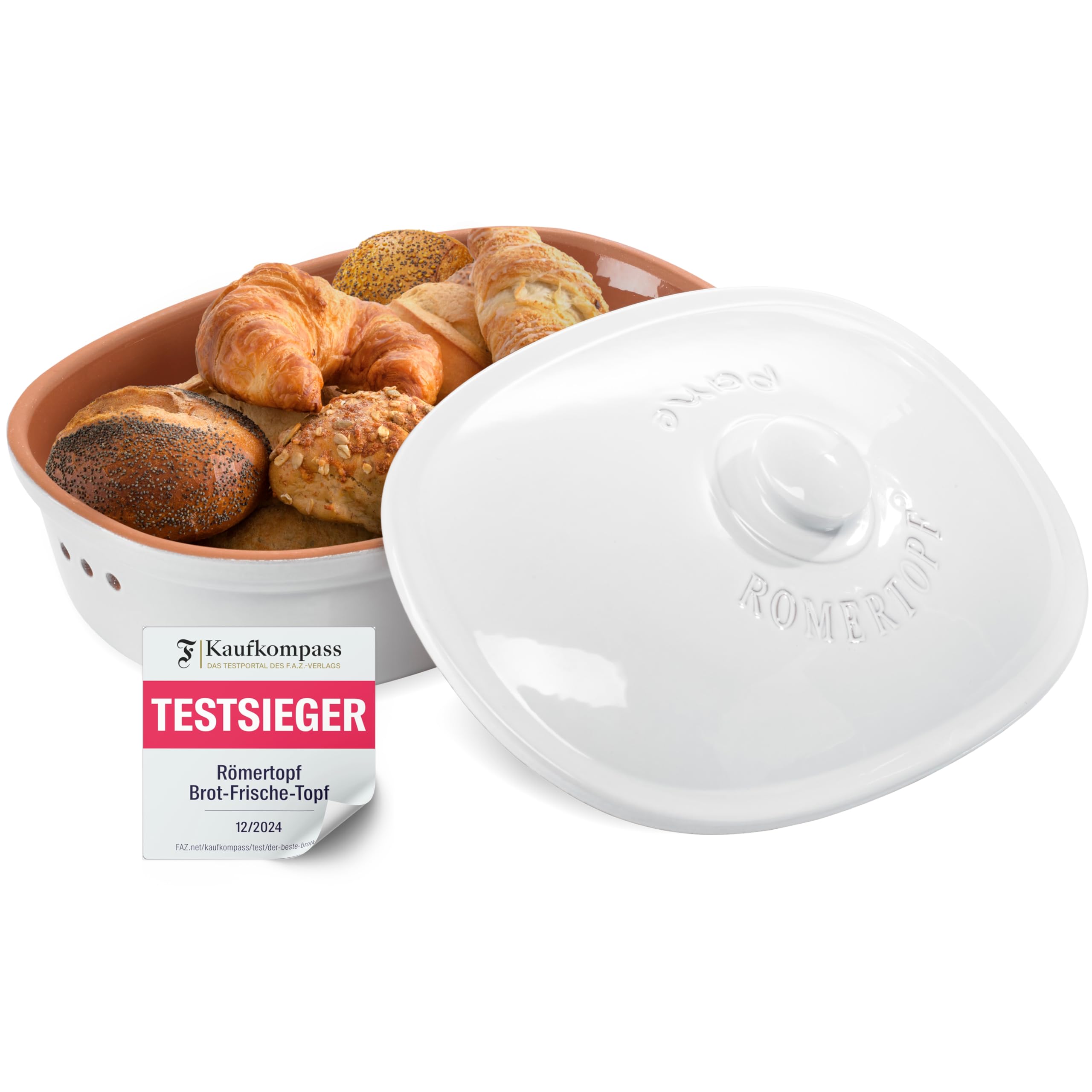 Römertopf Brottopf weiß 6,5 Liter – ovaler Brotbehälter aus natürlicher Keramik mit Deckel – zur Aufbewahrung von Brot, Brötchen, Obst & Gemüse – atmungsaktiv & spülmaschinengeeignet