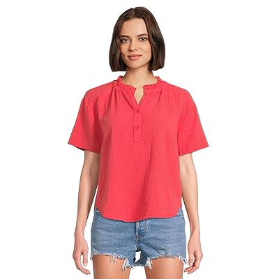 Mod o doc Short Sleeve Ruffle Neck Henley Top Women