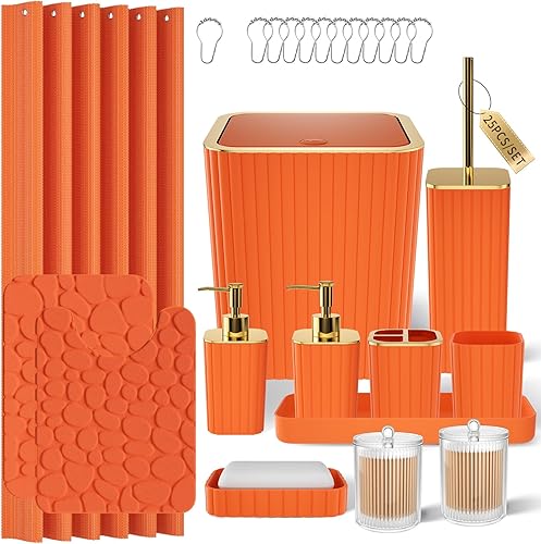Bathroom Accessories Set - 25PC Bathroom Sets with Shower Curtain and Rugs, Orange Bathroom Accessories with Trash Can, Soap Dispenser, Soap Dish &