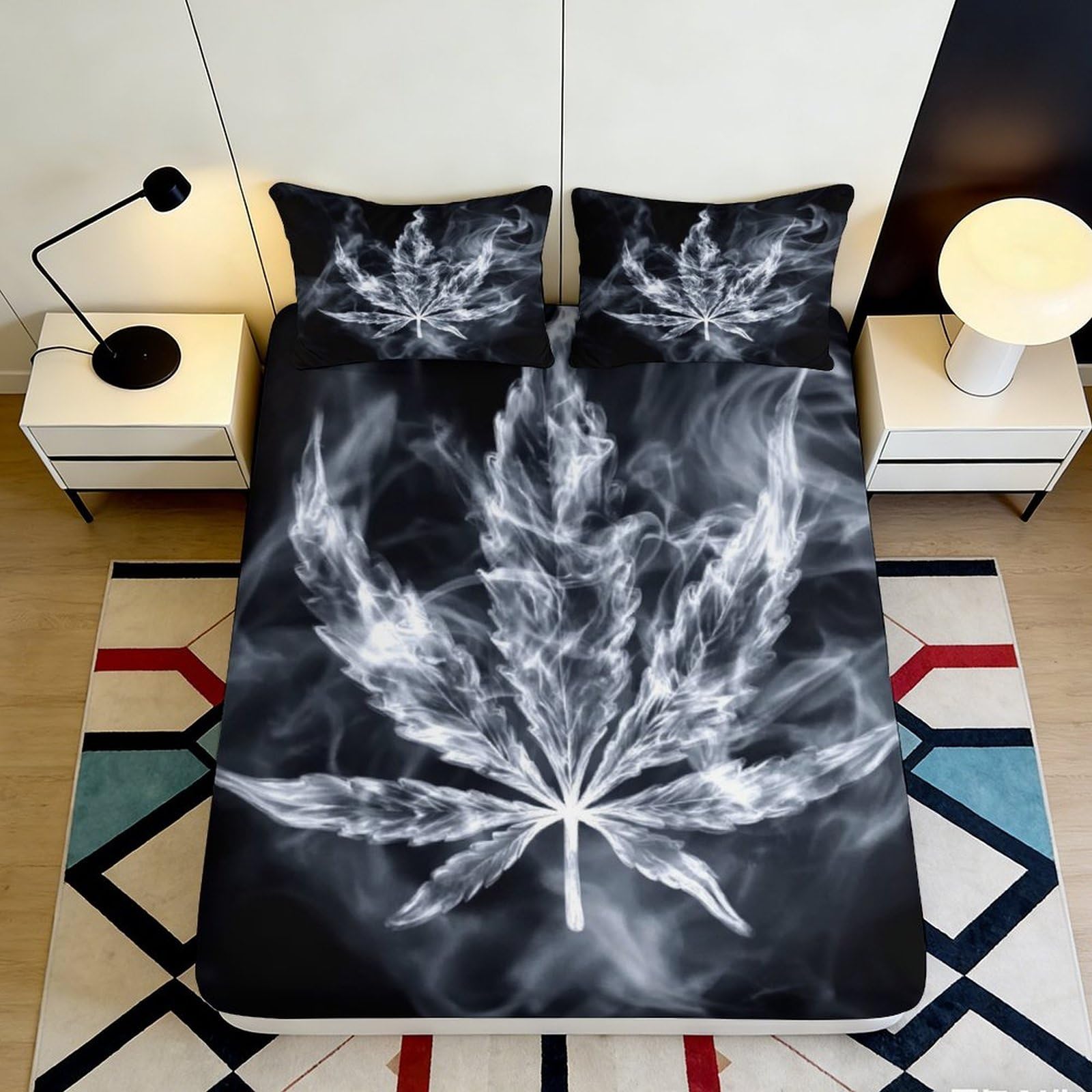 3D Printed Smoke Leaf Fitted Sheet Microfiber Black White Fire Leaf Bed Cover for Bedroom Dorm Mattress Protection 90x200x25cm