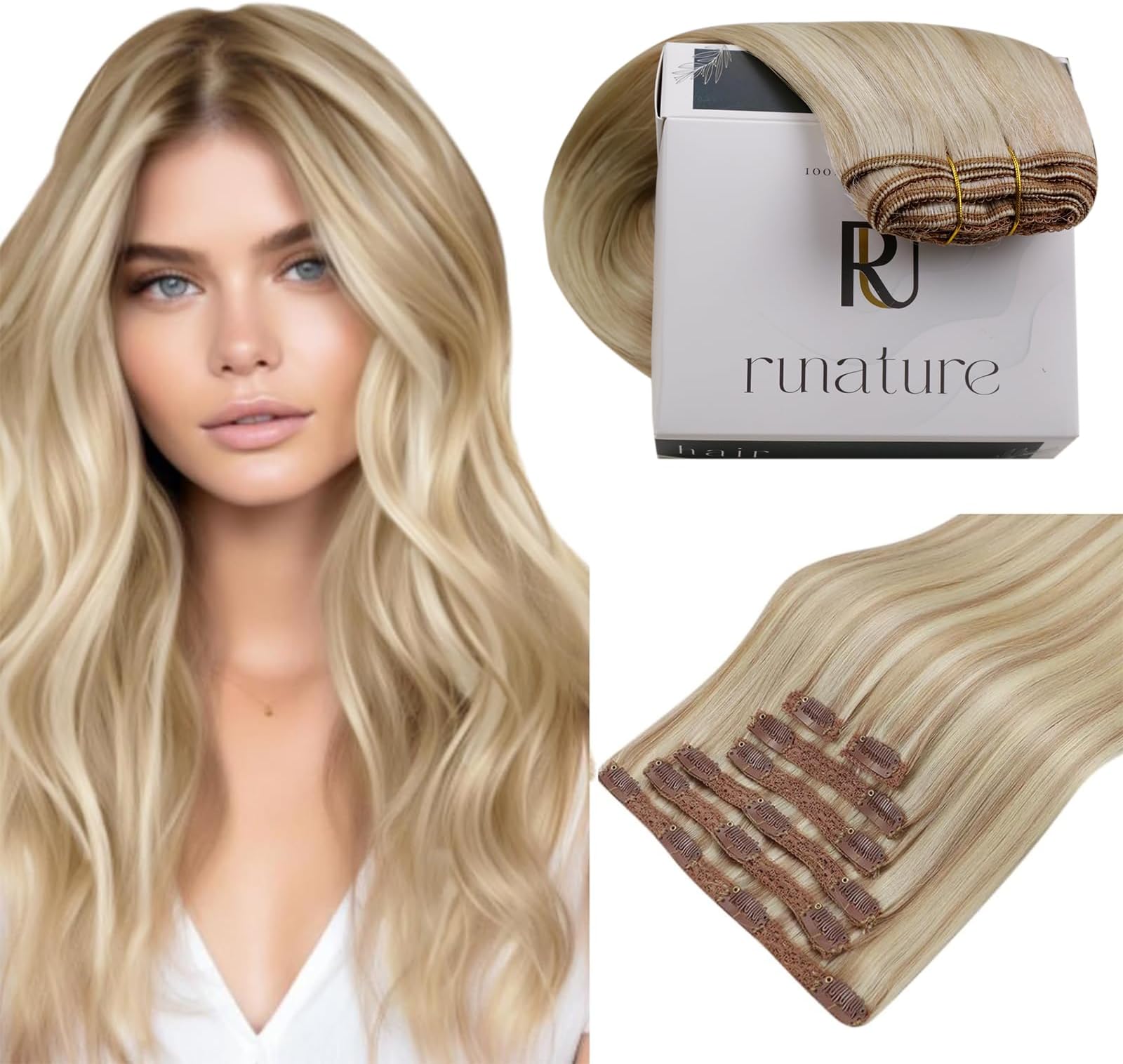 RUNATURE Blonde Human Hair Clip in Extensions, Short Clip in Hair Extensions Real Human Hair, Clip on Hair Extensions For Women, Remy Hair Tangle Free, 10 Inch 80g 7pcs #18P60 Ash Blonde Highlights