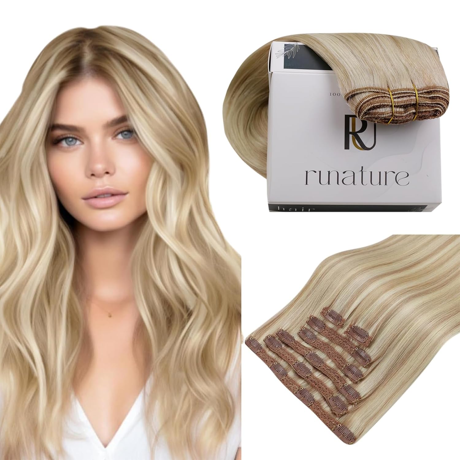 RUNATURE Blonde Clip-in Hair Extensions 16in 120g 7pcs #18P60 Ash Blonde