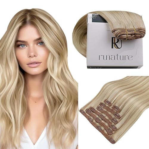 RUNATURE - Extensiones de cabello humano natural real Remy con pinzas, extensiones de cabello corto, lacio y sedoso, color rubio ceniza, 12