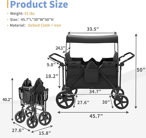 Miniatura 7 de Cochecito para 4 niños, carrito con 4 asientos altos con arneses de 5 puntos y toldo ajustable, cochecito plegable doble barra de empuje para