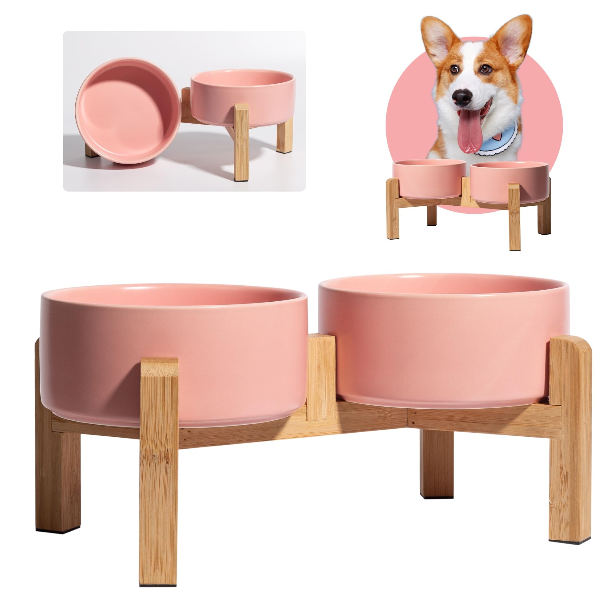 PTOBERCeramic Raised Dog Bowl – Double Raised Dog Bowl with Bamboo Stand – Chein Bowl Set for Food and Water – Bowls for Small and Medium Dogs – 2 x 850 ml