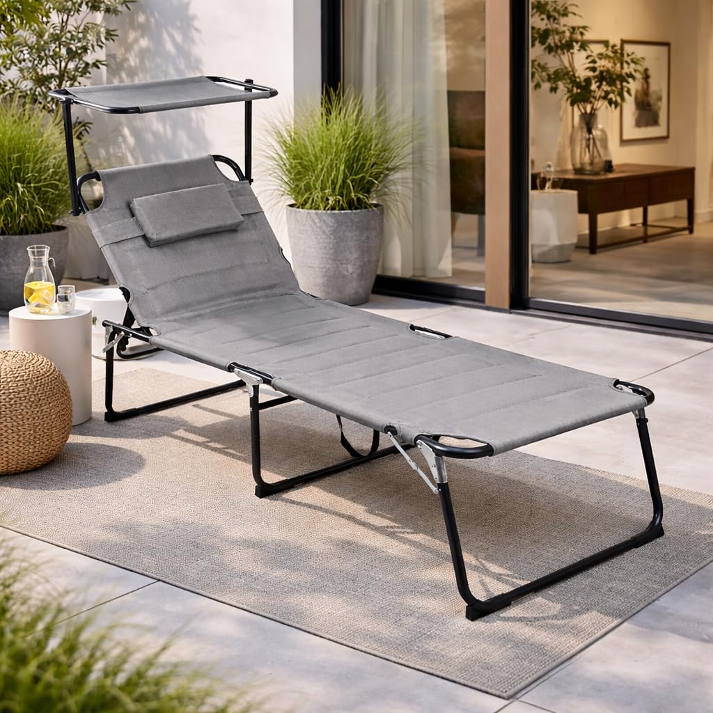 Mojawo XXL Gartenliege Sonnenliege Relaxliege Liege Aluminium mit Kissen und Sonnendach gepolstert klappbar Grau L200xB70xH45/95cm