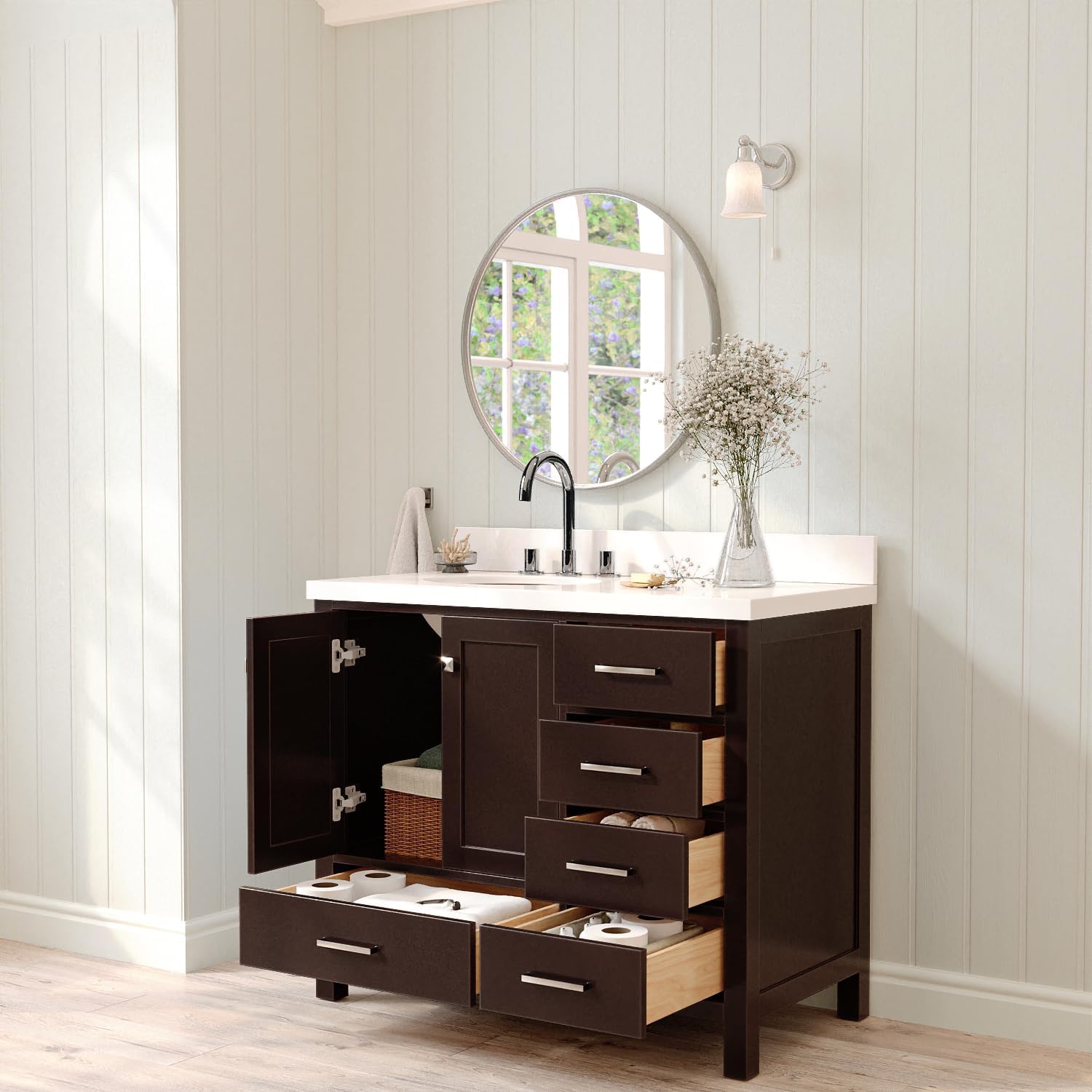 ARIEL Cambridge 42-inch Bathroom Vanity with Sink,Solid Wood, 1.5-inch Pure White Quartz Countertop & Backsplash, Single Oval Porcelain Sink, 2 Soft Closing Doors, 5 Dovetail Drawers, Espresso