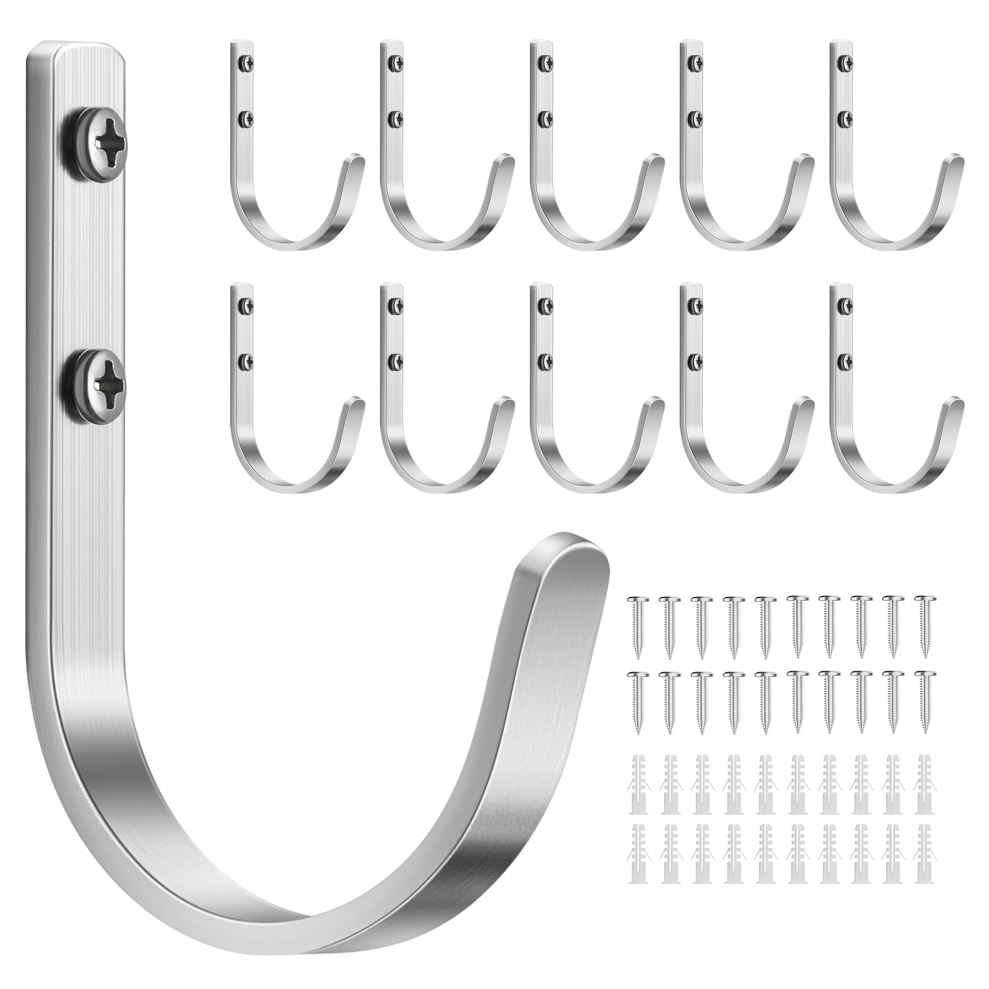 10-Pack Wall Hooks for Hanging Towel/Coat - 22LB Screw in Metal Hanger Wall Mount, for Outdoor, Closet, Door, Bathrooms, for Backpack, Robe, Silver