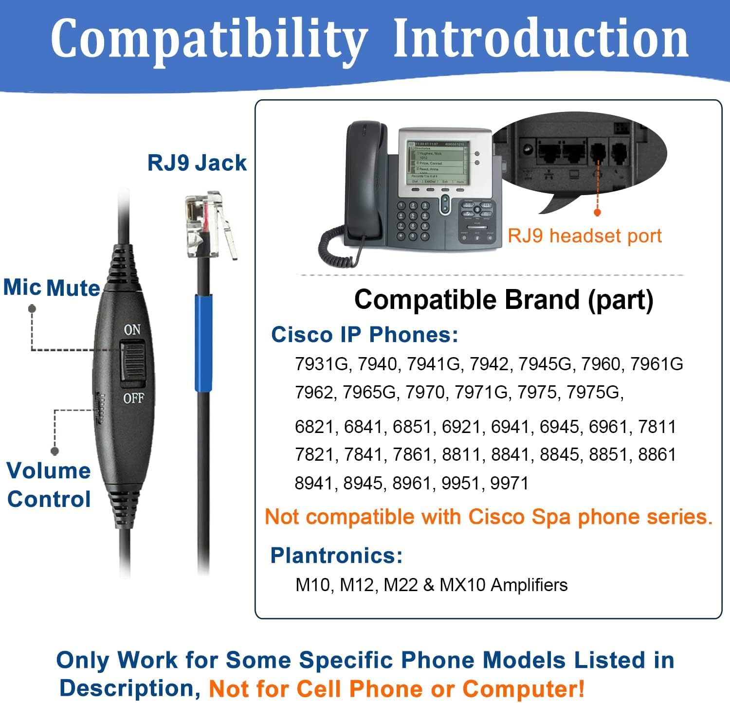 Casque Téléphone Fixe RJ9 avec Micro Anti-Bruit, Oreillette Filaire pour Cisco 7962G 7861 7821 7941G 8841 8845 8861 7811 6851 Bureau Centre d'appel Téléphones VoIP, Plantronics M12 M22 Amplificateur